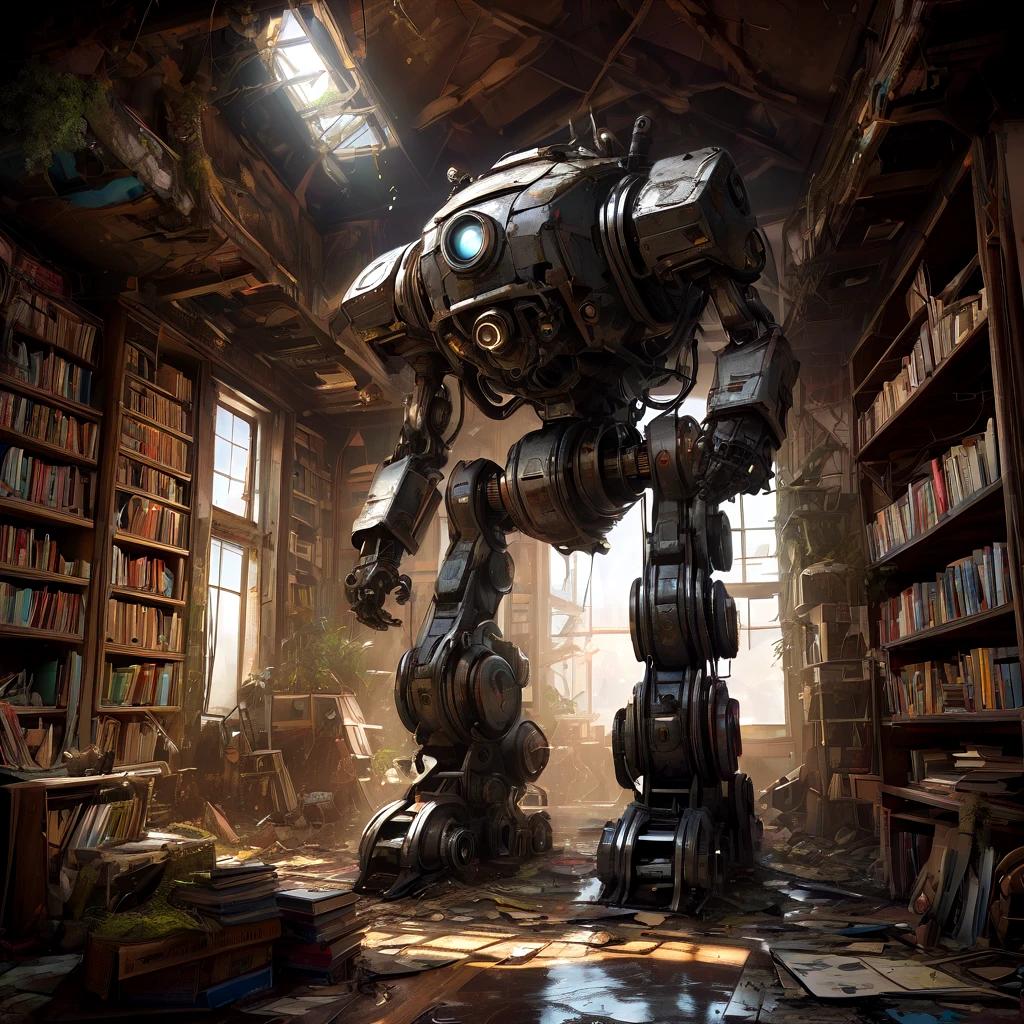 Abandoned Mech, aesthetic, extremely detailed, eye catching, drab, St Helliers Boys Home.....abandoned 50 years ago....old school books littering the floor ..mildew, massive hulking partly human cyborg beast abandoned postapocalyptic wasteland Hyper-detailed masterpiece by Joe Fenton Tracy J. Butler Brian Kesinger WLOP Wadim Kashin Ismail Inceoglu Jordan Grimmer splash art watercolor dark and gritty, Epic cinematic brilliant stunning intricate meticulously detailed dramatic atmospheric maximalist digital matte painting