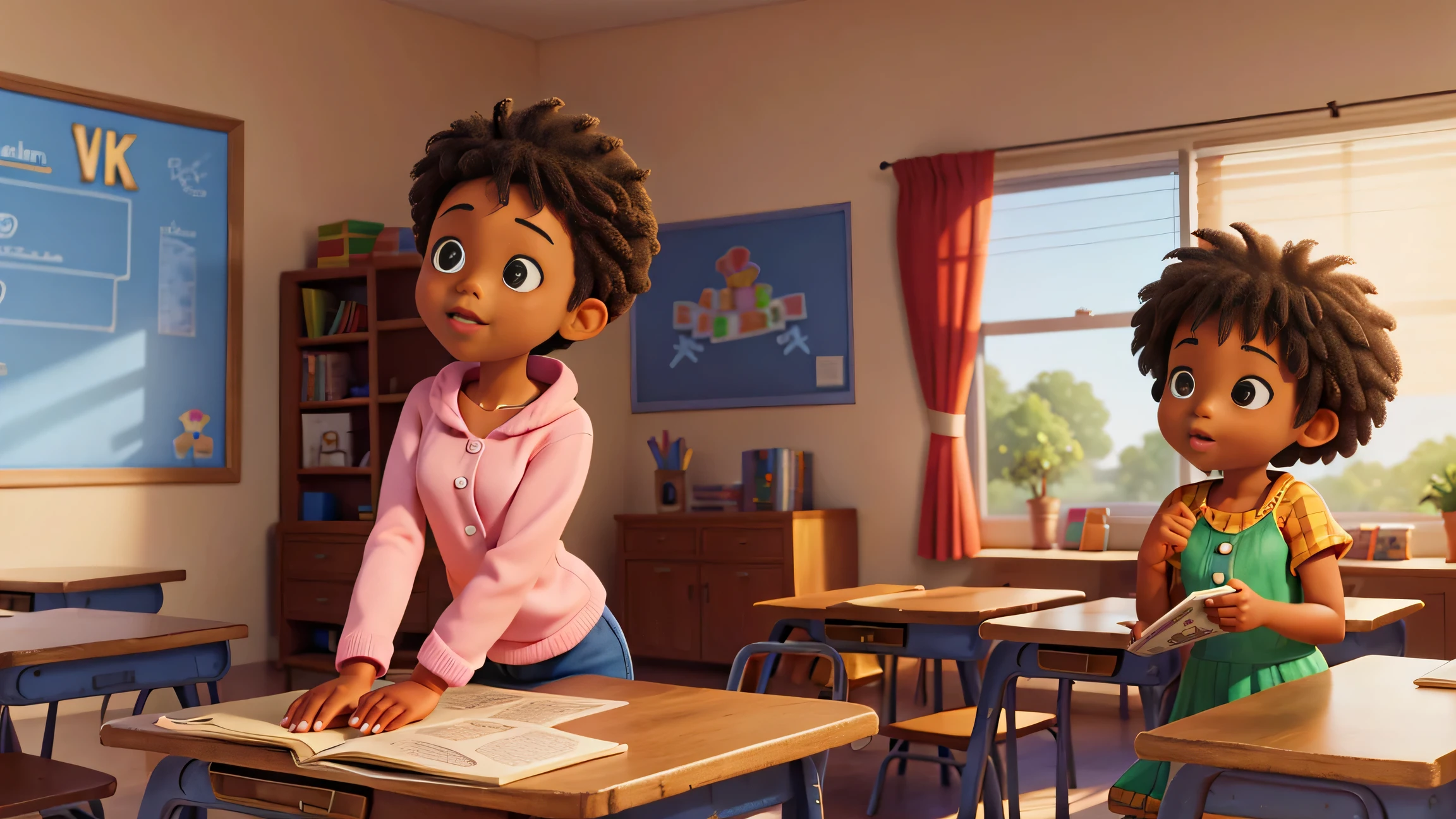 African American children's story book illustration, classroom scene, children's comic book, kids book, graphic novel, vector illustration, good hands, good face, and body, good picture, good body, bright and vibrant colors, soft and warm lighting, detailed facial expressions (best quality, 8k, high-res, masterpiece:1.2)