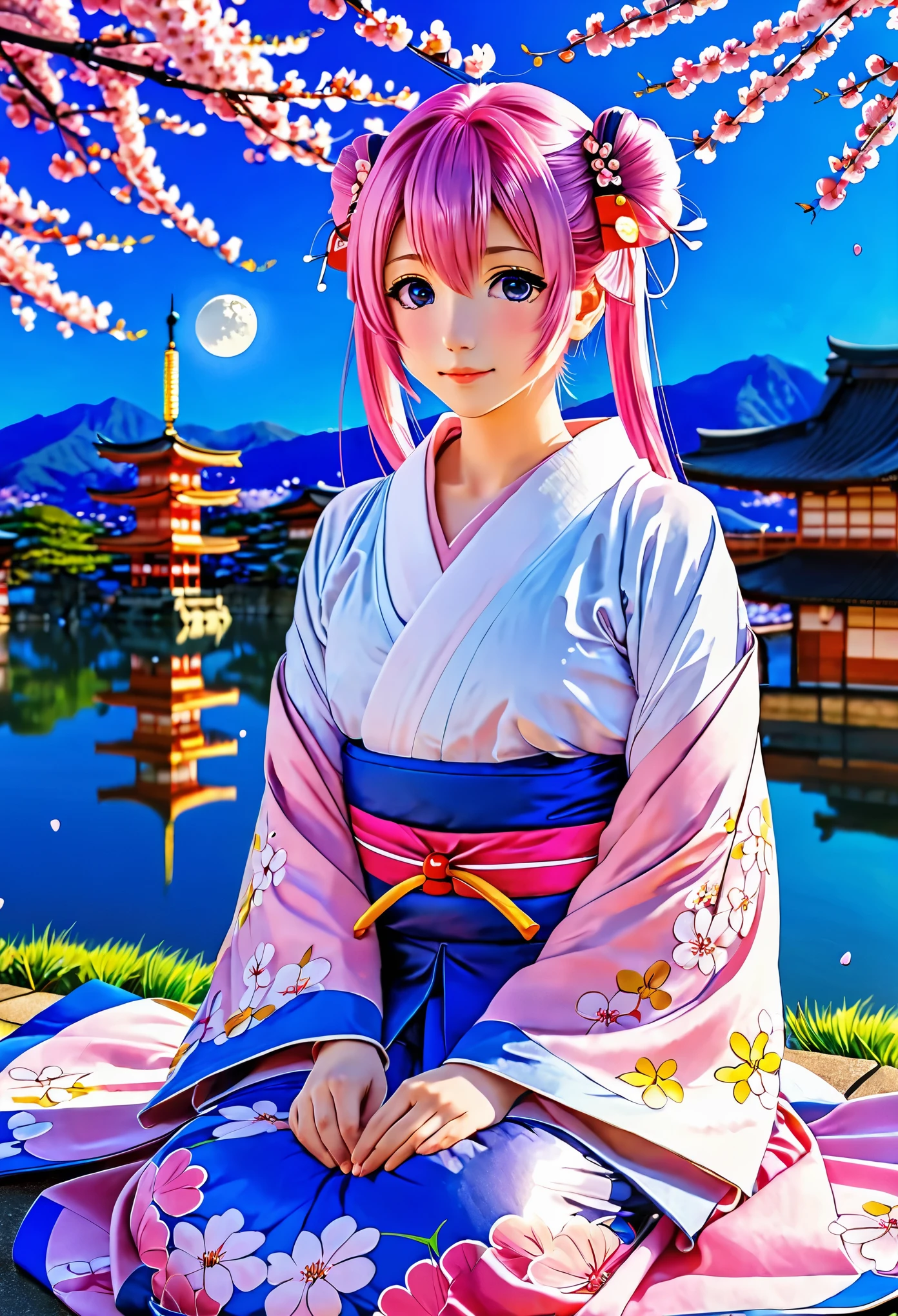 anime, one girl, colorful hair,pink hair and blue hair、 twin tails, pink eyes, color、Kyoto, Cherry tree、petal、moon,  kimono、off shoulder、sitting, alone,