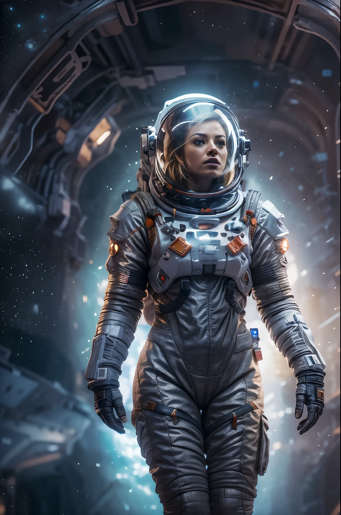 Masterpiece, a beautiful 25 years old european blonde woman, solitary female astronaut, desolated planet landscape, space and stars, electric atmosphere, utility belt, Metallic Gray Zinc, sci-fi, ultra high res.photorealistic, 16k, UHD, HDR, the best quality, body-tight astronaut suit, intricate, the most fantastic details, RAW, dramatic lighting, full body, space ships in the sky, realistic reflections, sunrise, to scale, lonely, determined, dynamic posture, a space military compound in the background