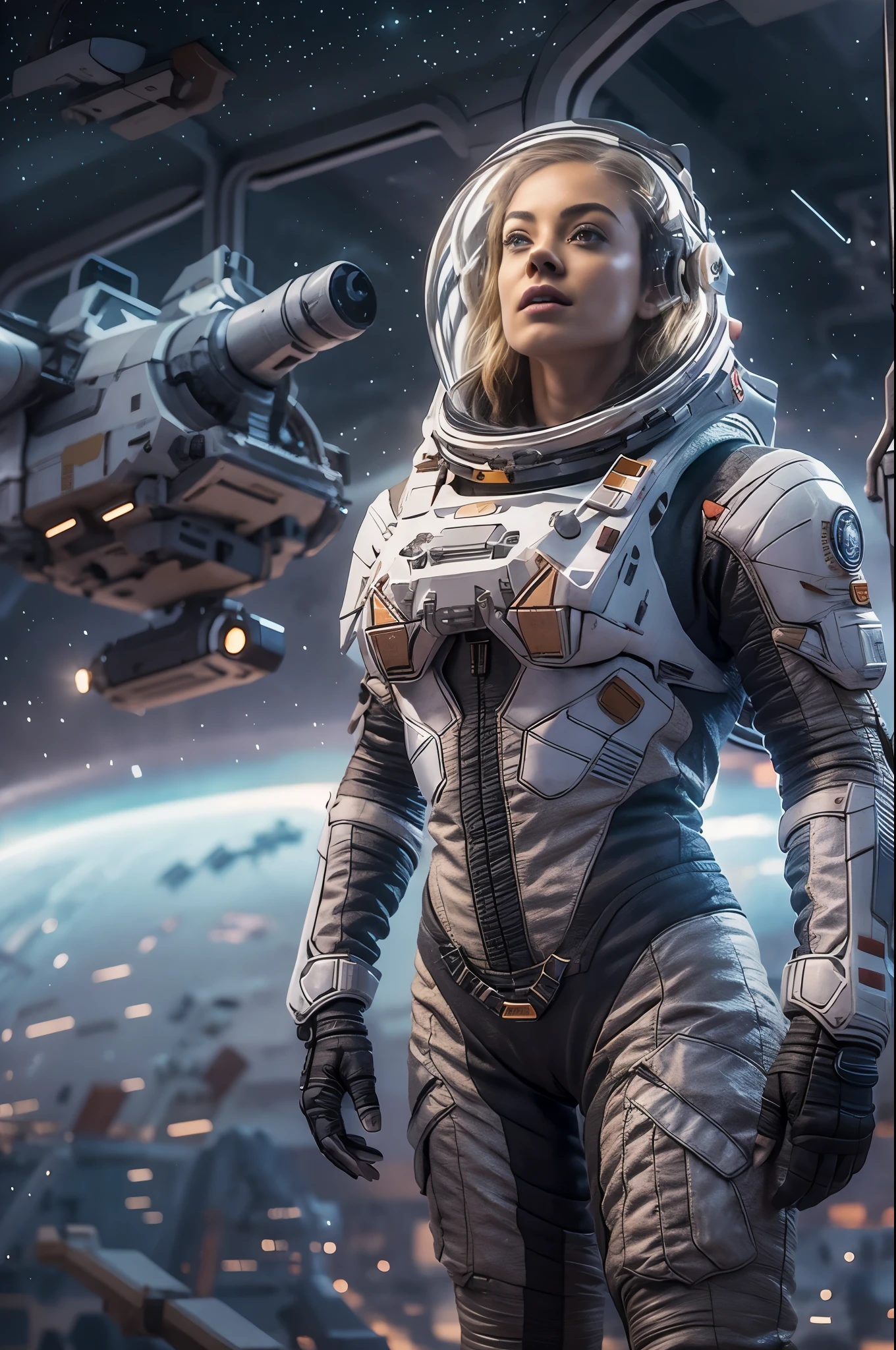 Masterpiece, a beautiful 25 years old european blonde woman, solitary female astronaut, desolated planet landscape, space and stars, electric atmosphere, utility belt, Metallic Gray Zinc, sci-fi, ultra high res.photorealistic, 16k, UHD, HDR, the best quality, body-tight astronaut suit, intricate, the most fantastic details, RAW, dramatic lighting, full body, space ships in the sky, realistic reflections, sunrise, to scale, lonely, determined, dynamic posture, a space military compound in the background