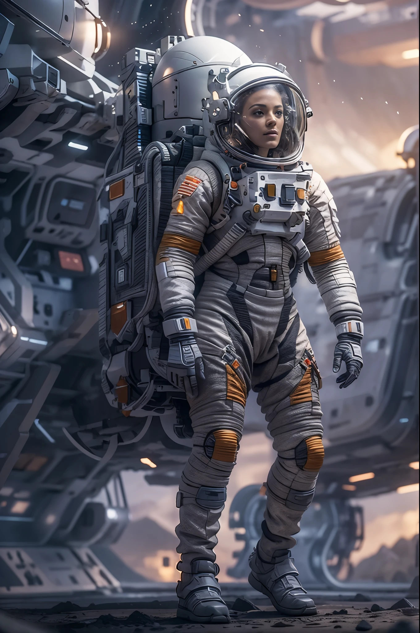 Masterpiece, a beautiful 25 years old european blonde woman, solitary female astronaut, desolated planet landscape, space and stars, electric atmosphere, utility belt, Metallic Gray Zinc, sci-fi, ultra high res.photorealistic, 16k, UHD, HDR, the best quality, body-tight astronaut suit, intricate, the most fantastic details, RAW, dramatic lighting, full body, space ships in the sky, realistic reflections, sunrise, to scale, lonely, determined, dynamic posture, a space military compound in the background