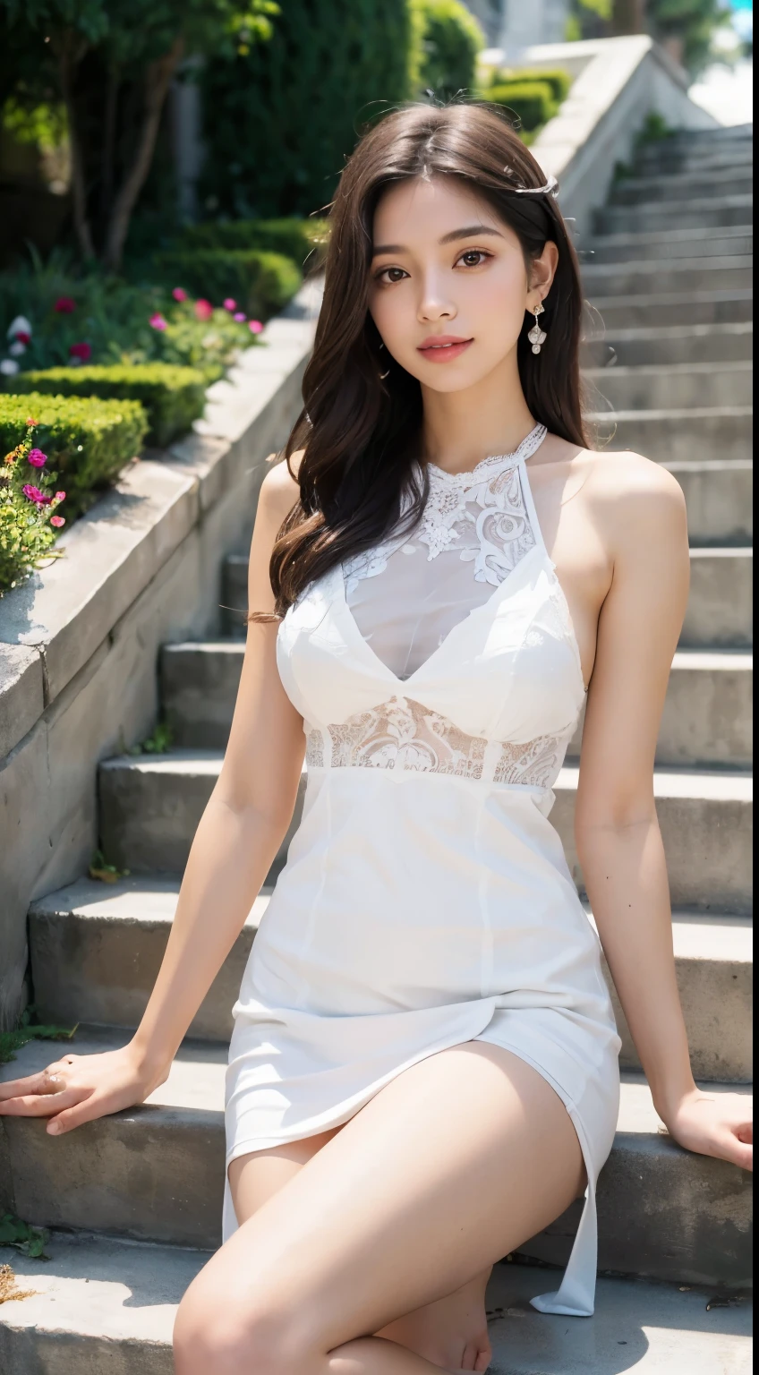 Beautiful 25 year old tall and slender woman。perfect legs. perfect face. She is fashion model. She is staying in the old classic church. She is wearing a wedding dress that a leg is visible. She is illuminated by sunset light. the evening church lights is on . her dark brawn hair. High resolution、masterpiece、highest quality、頭w:1.0、((Hasselblad Photos))、fine skin、(movie lighting)、clavicle . full body picture.