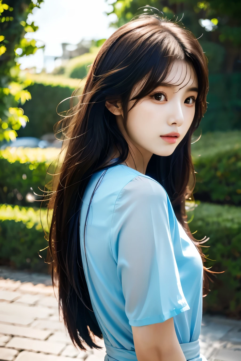 there is a woman with long hair wearing a blue red shirt, ulzzang, korean girl, heonhwa choe, sakimichan, xintong chen, sun yunjoo, lee ji - eun, lee ji-eun, wenfei ye, jaeyeon nam, park ji-min, jinyoung shin, chiho, yun ling, gongbi
