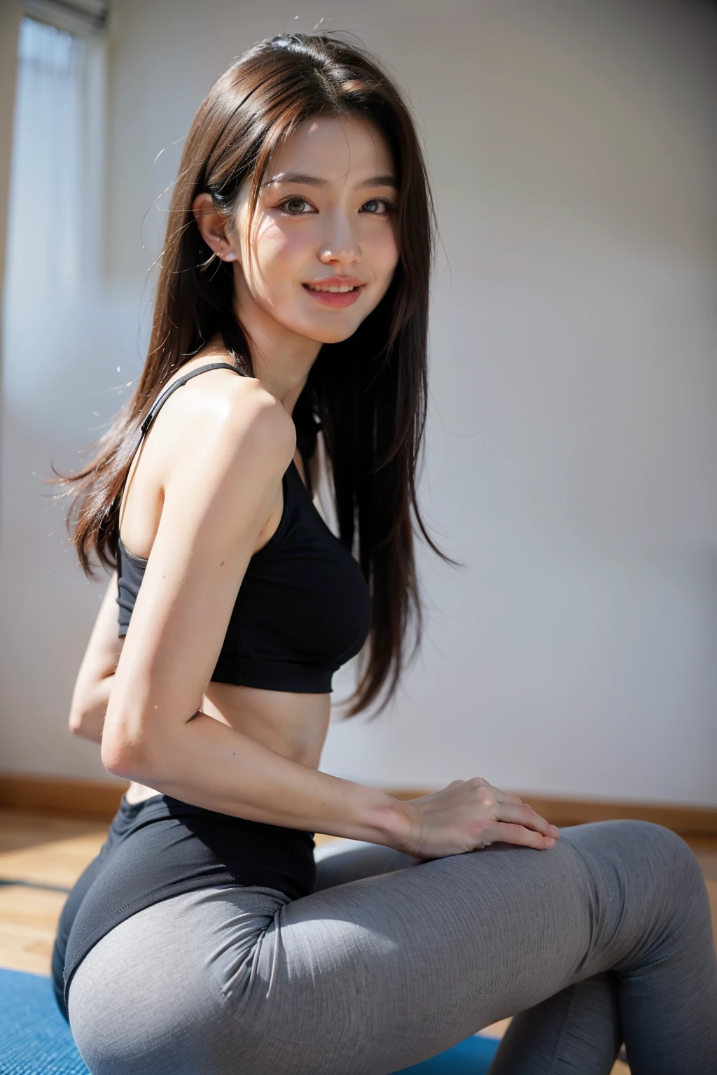 1 girl,Smile,whole body,long legs,Slim Faces,sexy woman,double eyelids,Detailed face,sporty style,yoga pants,long hair,(super high quality,8k)blurred background,