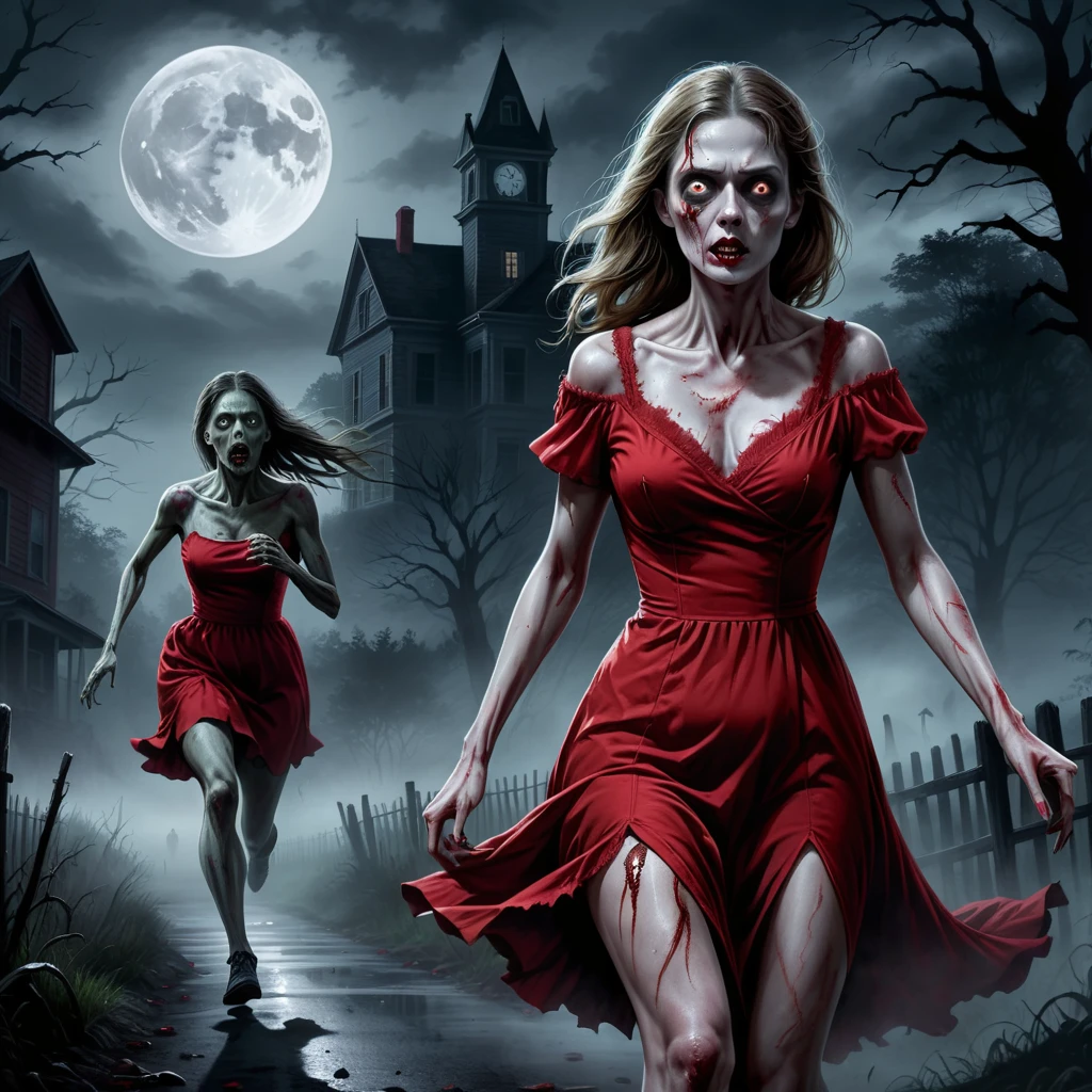 digital drawing, horror movie scene of a beautiful woman in a red dress being stalked in the dark by an zombie, spooky, terrifying, dark ambiance, misty, 8k, high quality, gray zombie in the background, intensity, woman looking behind her, running, moonlight