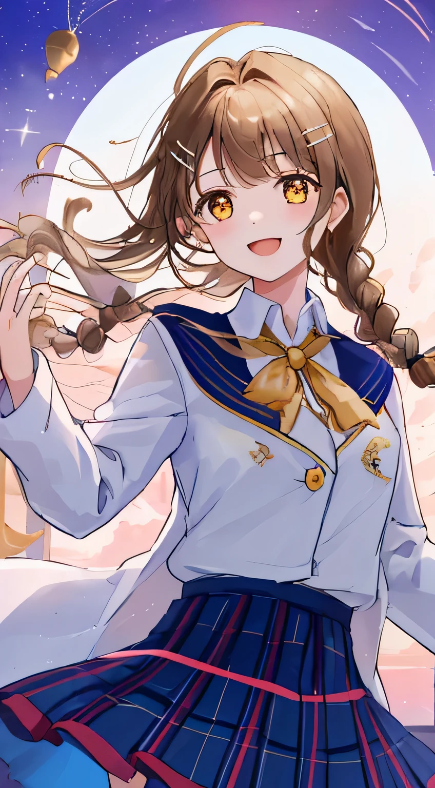 highest quality, (masterpiece:1.2), very detailed, A choir is singing a chant in the concert hall., 1 girl, Open your mouth with lipstick on it, nice smile, brown eyes, Long brown hair, 15 years old, long braids, big shiny hair clip, school uniform, Dark blue and navy plaid skirt, middle long skirt, white shirt, A luxurious navy blazer with a golden emblem on the left chest, big red ribbon on the chest, lipstick、very shiny hair、laughter、bright look、The light makes my face and hair shine, The corners of the eyes are drooping, cute braids, I'm so happy I can jump up, The expression of a maiden in love, twin braid hair, The skirt fabric is a beautiful deep blue color., a shy look, soprano voice