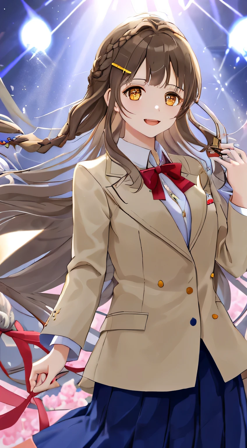 highest quality, (masterpiece:1.2), very detailed, A choir is singing a chant in the concert hall., 1 girl, Open your mouth with lipstick on it, nice smile, brown eyes, Long brown hair, 15 years old, long braids, big shiny hair clip, school uniform, Dark blue and navy plaid skirt, middle long skirt, white shirt, A luxurious navy blazer with a golden emblem on the left chest, big red ribbon on the chest, lipstick、very shiny hair、laughter、bright look、The light makes my face and hair shine, The corners of the eyes are drooping, cute braids, I'm so happy I can jump up, The expression of a maiden in love, twin braid hair, The skirt fabric is a beautiful deep blue color., a shy look, soprano voice
