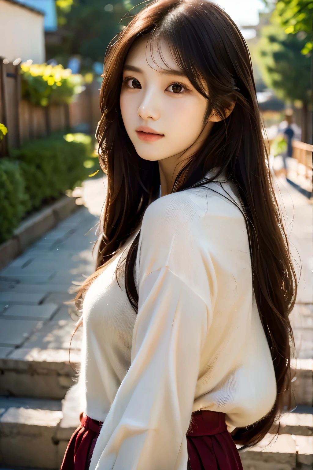 there is a woman with long hair wearing a red shirt, ulzzang, korean girl, heonhwa choe, sakimichan, xintong chen, sun yunjoo, lee ji - eun, lee ji-eun, wenfei ye, jaeyeon nam, park ji-min, jinyoung shin, chiho, yun ling, gongbi