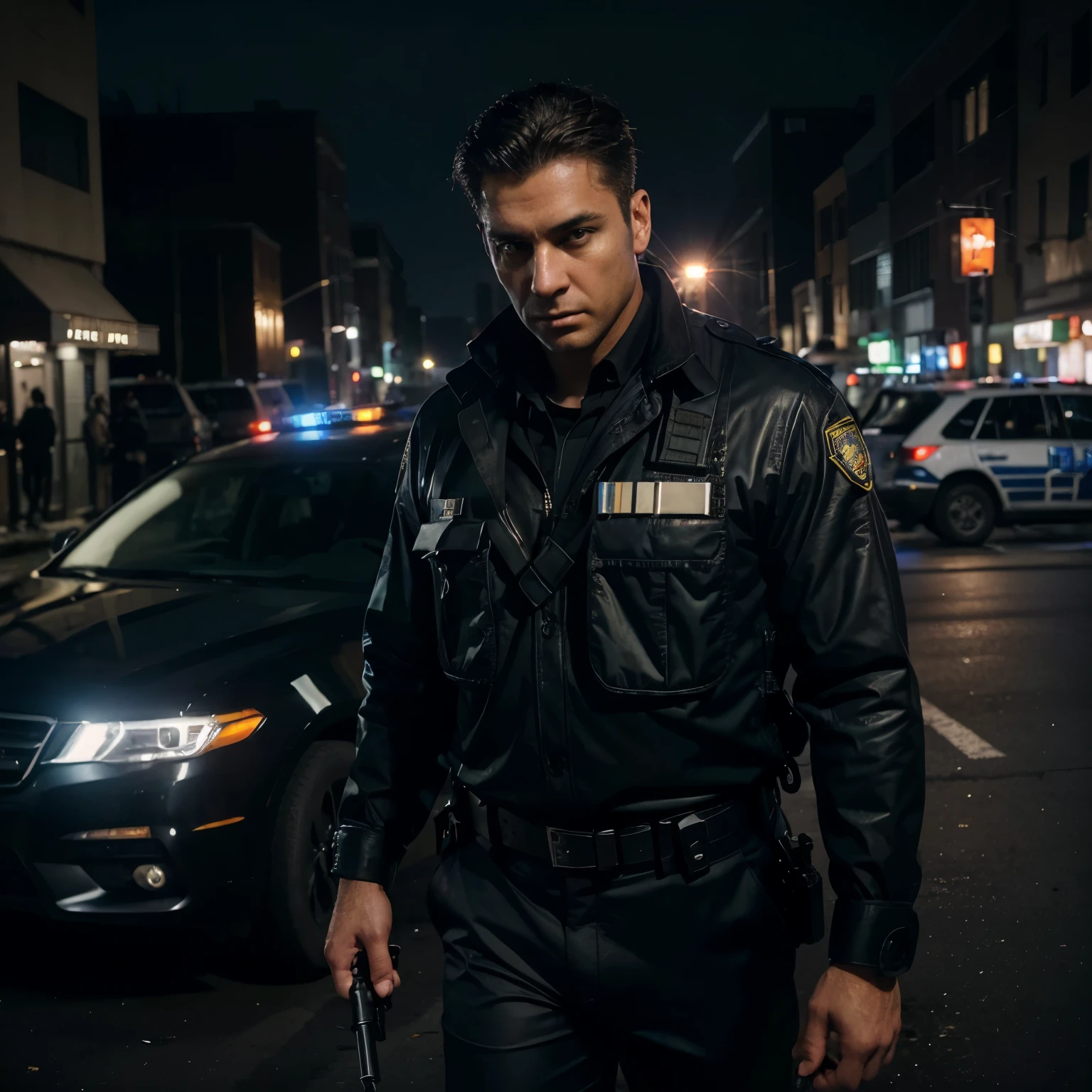 (a)police officer, (a)detective, (a)crime scene, (a)gun, (a)handcuffs, (a)flashlight, (a)badge, (a)police car, (a)siren, (a)helicopter, (a)search warrant, (a)interrogation room, (a)crime tape, (a)bulletproof vest, (a)crime report, (a)suspect, (a)arrest, (a)investigation, (a)forensics team, (a)briefcase, (a)radio, (a)uniform, (a)crime fighter, (a)patrol)
(best quality,4k,8k,highres,masterpiece:1.2),(ultra-detailed),(realistic,photorealistic,photo-realistic:1.37),dramatic lighting,vivid colors,crime noir style,high contrast,sharp focus,foreboding atmosphere,urban setting,nighttime scene)