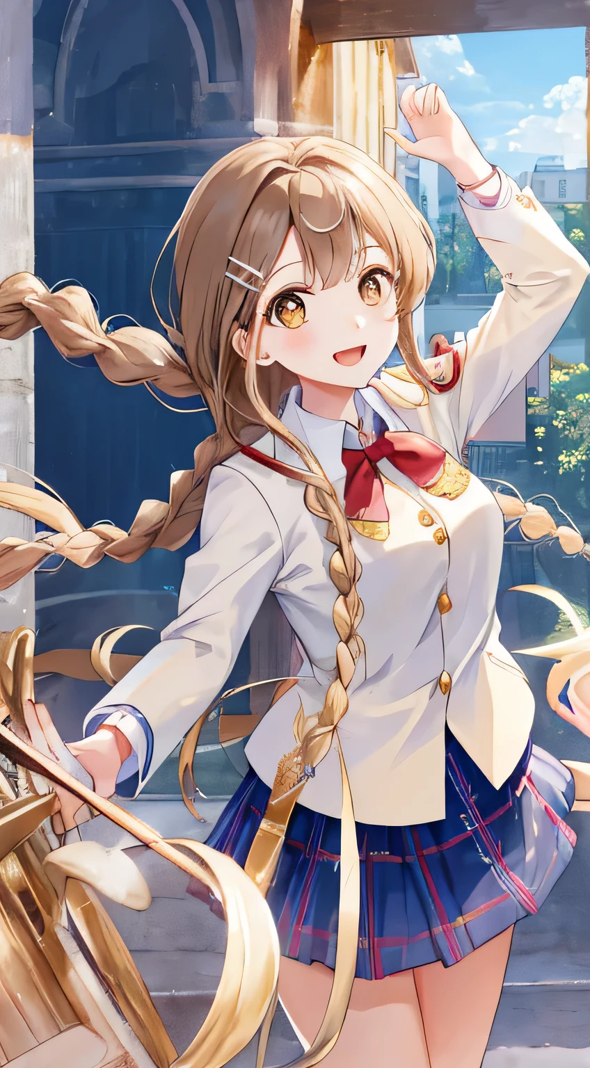 highest quality, (masterpiece:1.2), very detailed, A choir is singing a chant in the concert hall., 1 girl, Open your mouth with lipstick on it, nice smile, brown eyes, Long brown hair, 15 years old, long braids, big shiny hair clip, school uniform, Dark blue and navy plaid skirt, middle long skirt, white shirt, A luxurious navy blazer with a golden emblem on the left chest, big red ribbon on the chest, lipstick、very shiny hair、laughter、bright look、The light makes my face and hair shine, The corners of the eyes are drooping, cute braids, I'm so happy I can jump up, The expression of a maiden in love, (((twin braid hair))), The skirt fabric has a beautiful deep blue checkered pattern., a shy look, soprano voice