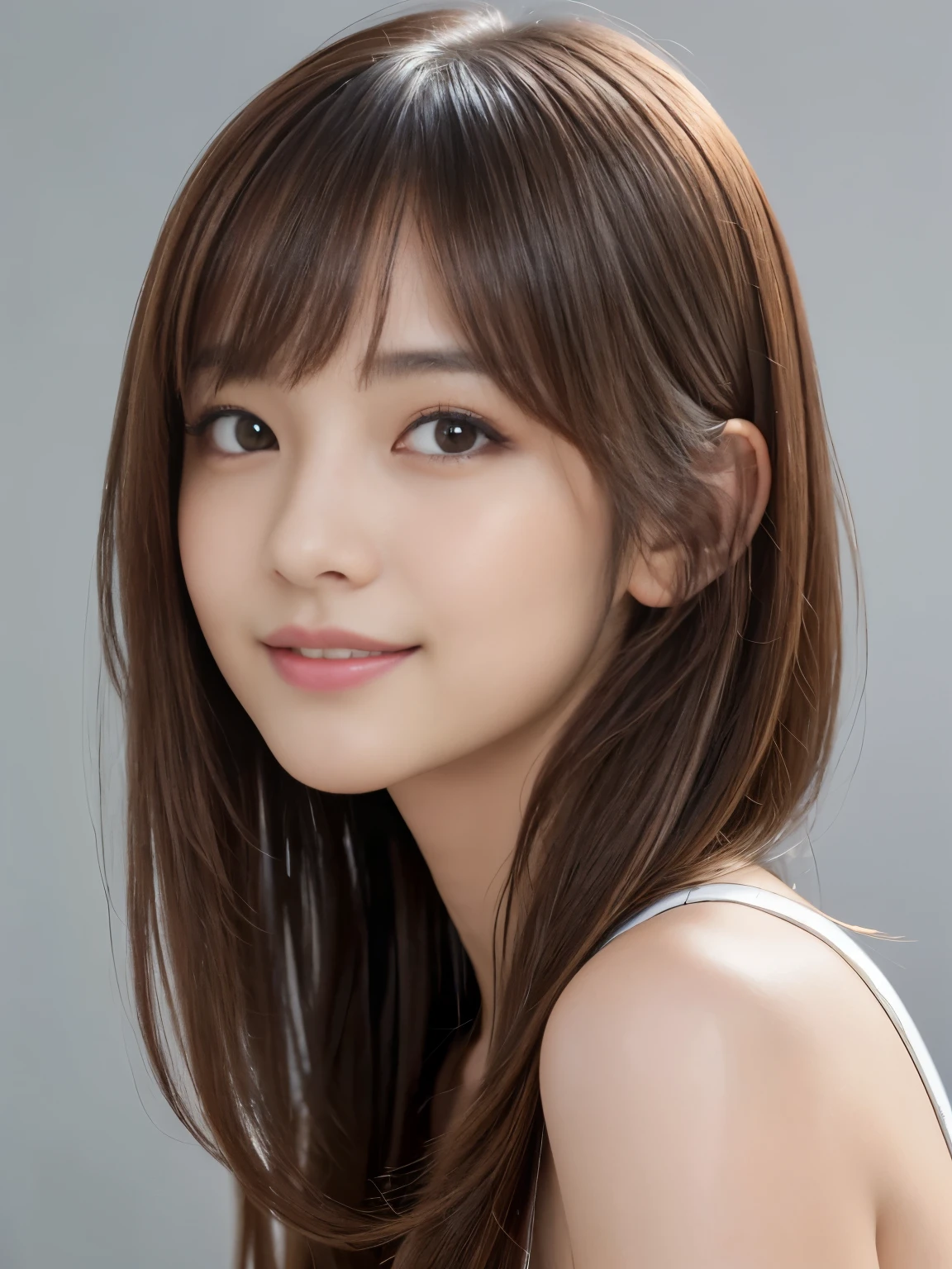 (Best Quality, 8k, 32k, Masterpiece, UHD: 1.3), Attractive Japan Woman Pictures, best detailed girl,19 years old, seductive smile, Ultra Detailed Face, Detailed Lips, Fine Eyes, Double Eyelids, light brown hair, asymmetrical hair, asymmetrical bangs, messy hair, close shot, best detailed girl, grey background,