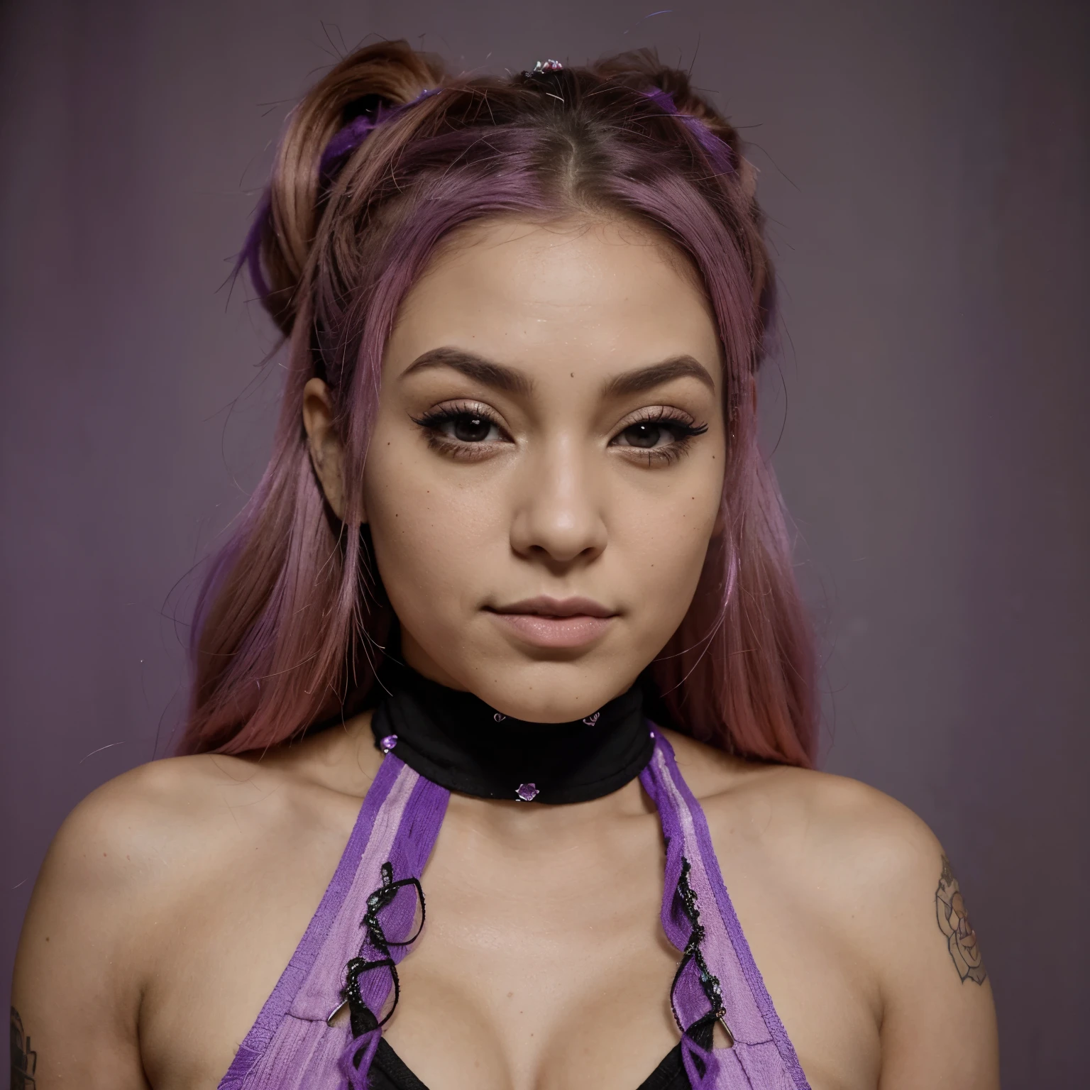 Funko pop de uma  roqueira, de nariz grande, and her base colors are purple and pink and her hair has 2 strands in front of one side purple and the other pink, her name is Ariah she is a Brazilian rock singer but she is a rocker 