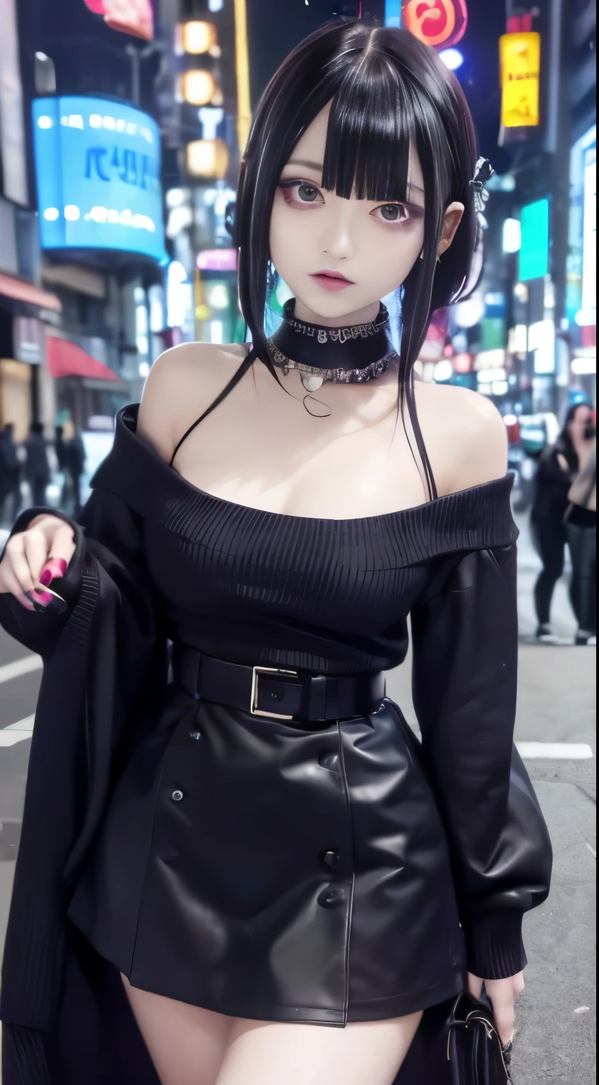 4k-ultra sharp、highest quality, masterpiece, ultra high resolution, (reality: 1.4),  16 year old girl, purple eyes, Off-the-shoulder sweater dresses, cinematic lighting、purple and black hair、(mine girl、goth makeup、mine makeup)、(Pierced ears、big breasts、Oversized black T-shirt with open shoulders、dark mini skirt)、((dark makeup、oil skin,sparkling skin、realistic skin texture、detailed beautiful skin、shiny skin)), dark downtown area at night、kabukicho、Dark Cyberpunk、(full shot:1.8)、thin legs、thin arms、thin shoulders、thin waist、slender body、big breasts、whole body