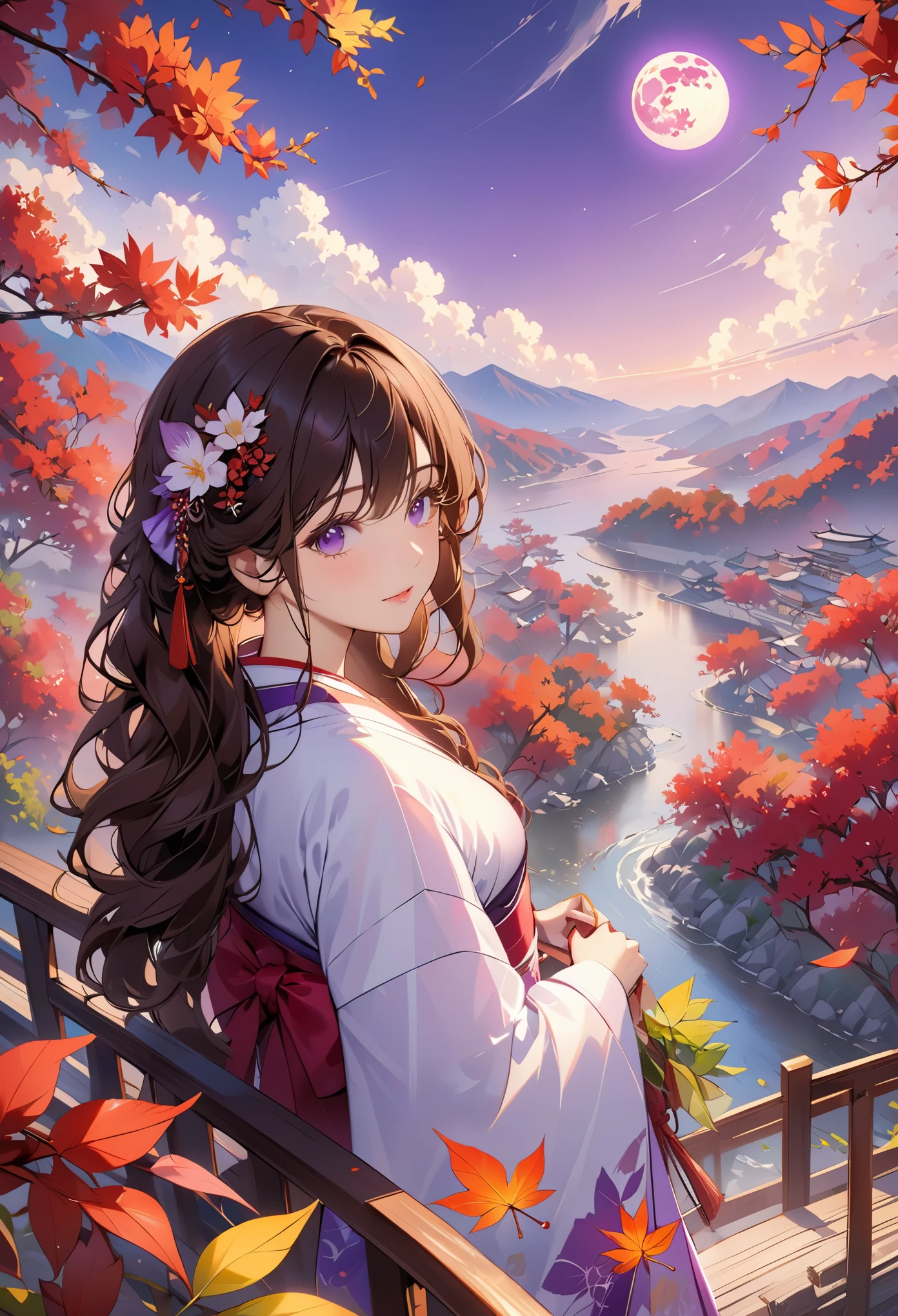 masterpiece、4k)girl with long curly brown hair、(purple eyes、Wearing a purple kimono)、Purple Moon、a lot of leaves、Beautiful natural scenery、