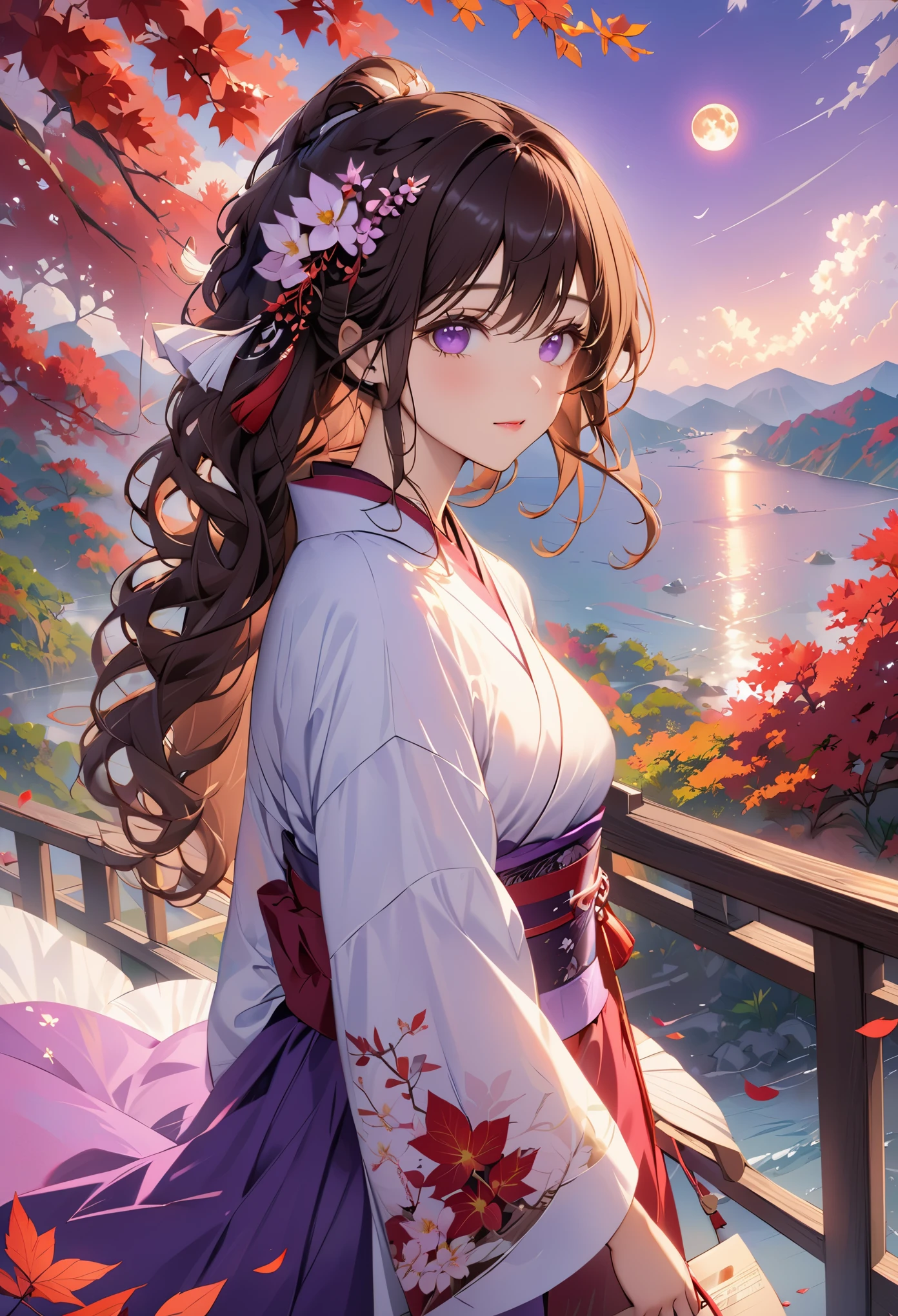 masterpiece、4k）girl with long curly brown hair、（purple eyes、Wearing a purple kimono）、Purple Moon、a lot of leaves、Beautiful natural scenery、