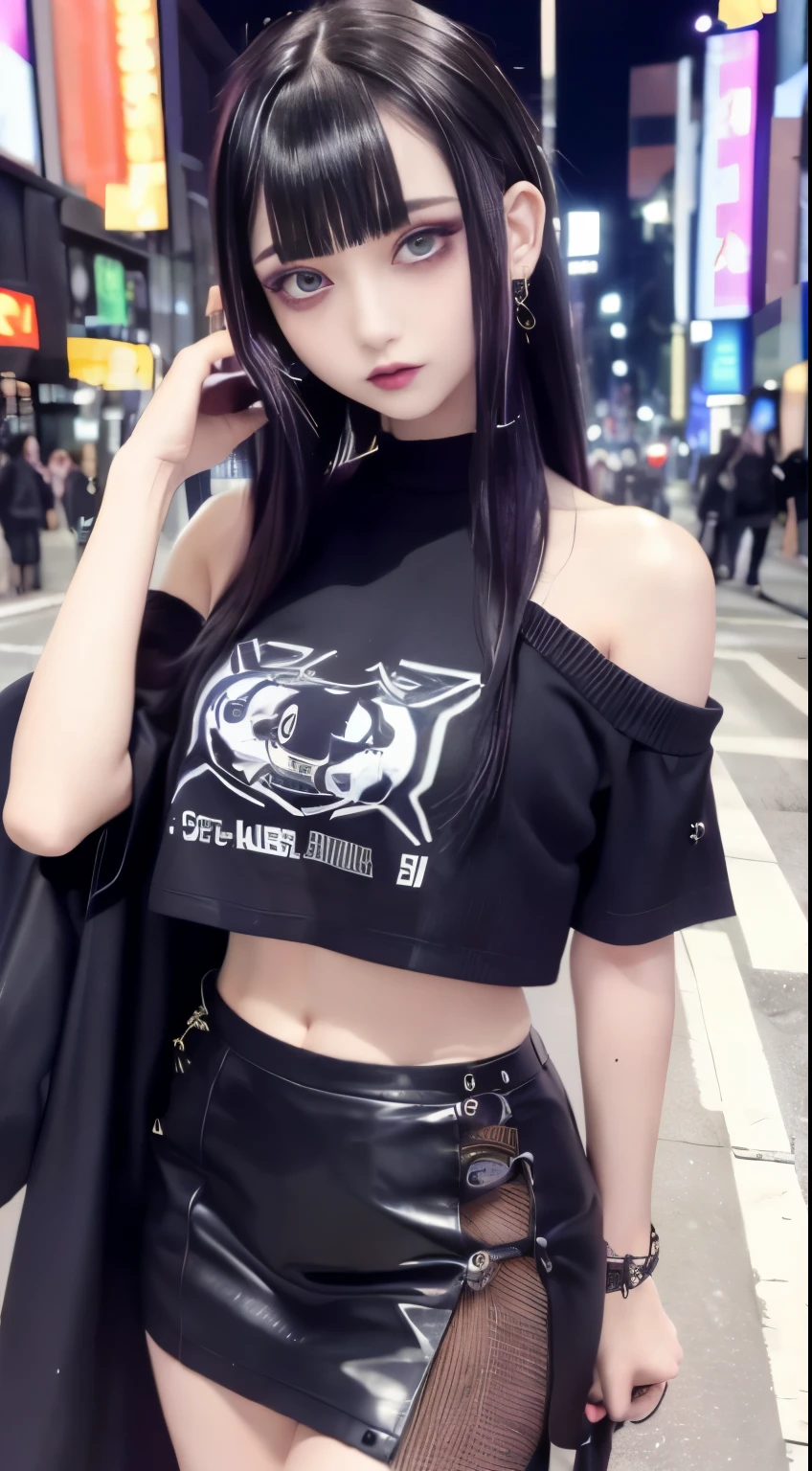 4k-ultra sharp、highest quality, masterpiece, ultra high resolution, (reality: 1.4),   girl, purple eyes, Off-the-shoulder sweater dresses, cinematic lighting、purple and black hair、(mine girl、goth makeup、mine makeup)、(Pierced ears、big breasts、Oversized black T-shirt with open shoulders、dark mini skirt)、((dark makeup、oil skin,sparkling skin、realistic skin texture、detailed beautiful skin、shiny skin)), dark downtown area at night、kabukicho、Dark Cyberpunk、(full shot:1.8)、thin legs、thin arms、thin shoulders、thin waist、slender body、big breasts、whole body