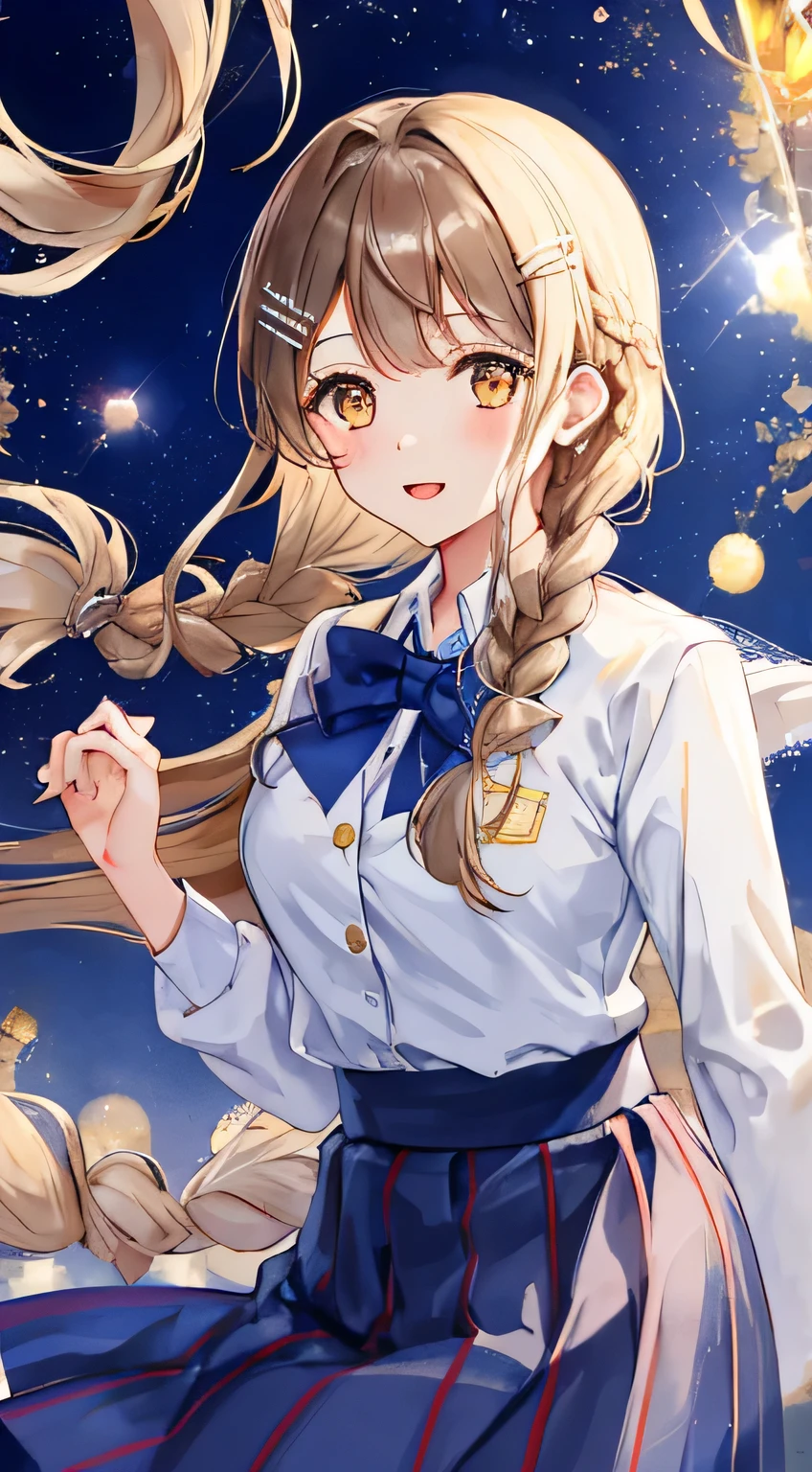 highest quality, (masterpiece:1.2), very detailed, A choir is singing a chant in the concert hall., 1 girl, Open your mouth with lipstick on it, nice smile, brown eyes, Long brown hair, 15 years old, long braids, big shiny hair clip, school uniform, Dark blue and navy plaid skirt, middle long skirt, white shirt, A luxurious navy blazer with a golden emblem on the left chest, big red ribbon on the chest, lipstick、very shiny hair、laughter、bright look、The light makes my face and hair shine, The corners of the eyes are drooping, cute braids, I'm so happy I can jump up, The expression of a maiden in love, (((twin braid hair))), The skirt fabric has a beautiful deep blue checkered pattern., A shy expression staring at the viewer, soprano voice