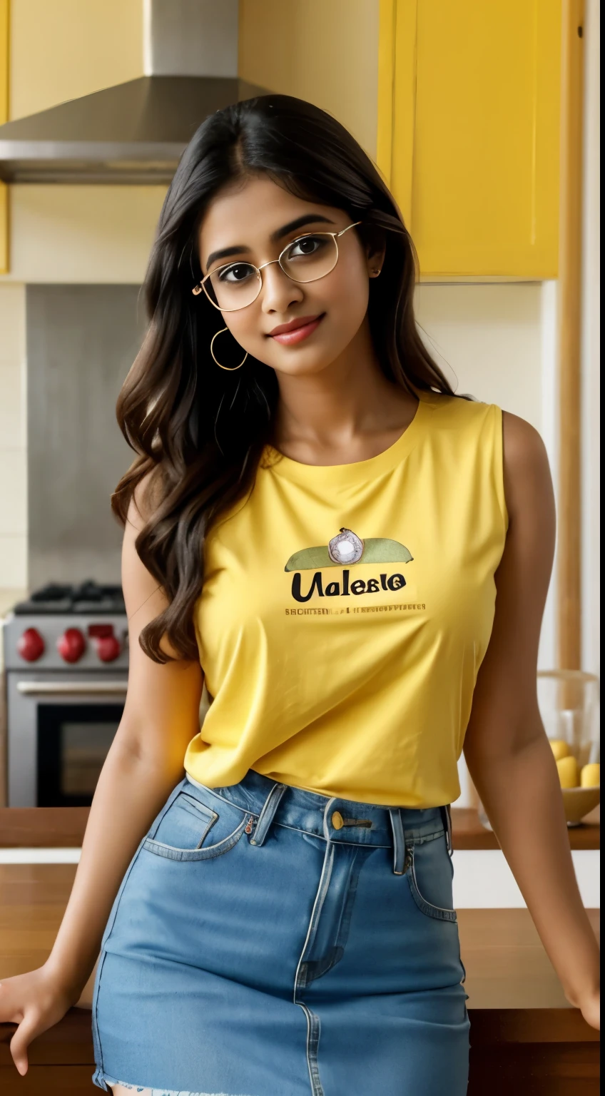 (iu:0.8),cleavage, RAW, Best quality, high resolution, Masterpiece: 1.3, Beautiful glasses kerala girl wearing yellow tshirt and black jeans, Masterpiece, Soft smile, having breakfast at home, beautiful breakfast spread, in sleeveless printed top & skirt,