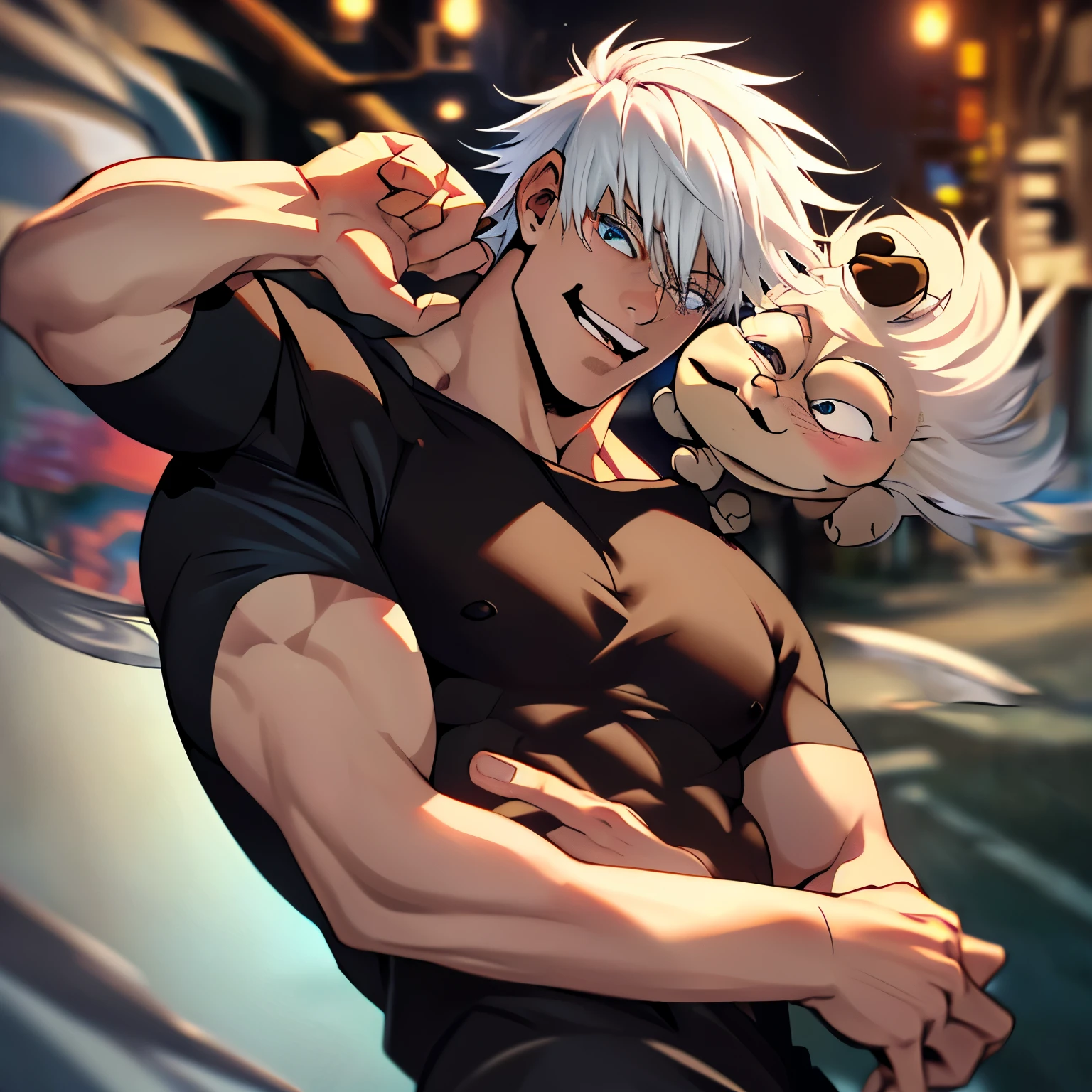 Personaje masculino con ((camiseta negra)),(((HD))),((4K)),(((Obra de arte))),((high resolution)), ((perfecto)),((legendario)),(((pelo blanco))),(((ojos celestes)),((pose coherente)),(cuerpo normal)