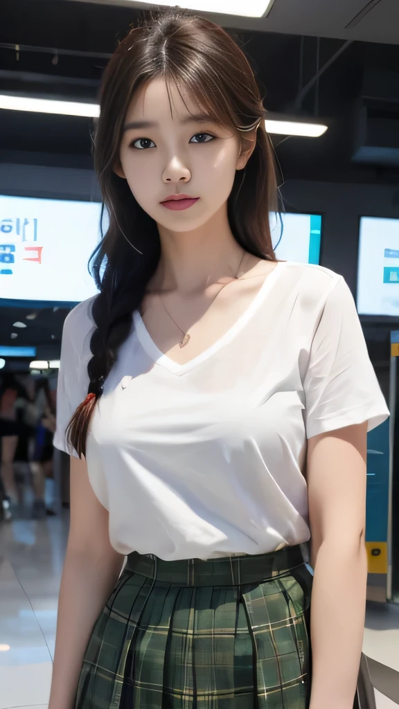 araffe woman in a white shirt and green skirt at an airport, heonhwa choe, gorgeous young korean woman, korean women's fashion model, jaeyeon nam, beautiful south korean woman, korean girl, wearing white v - neck top, smooth translucent white skin, beautiful young korean woman, lee ji-eun, lee ji - eun, jiyun chae