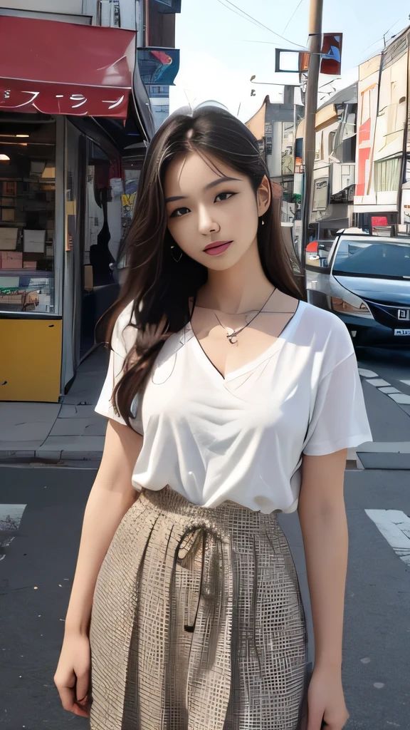 arafed asian woman standing on a city street with a purse, korean women's fashion model, white trendy clothes, wearing white v - neck top, casual clothing style, korean girl, gorgeous young korean woman, dressed in a white t shirt, beautiful south korean woman, ulzzang, beautiful young korean woman, casual white garment, sakimichan
