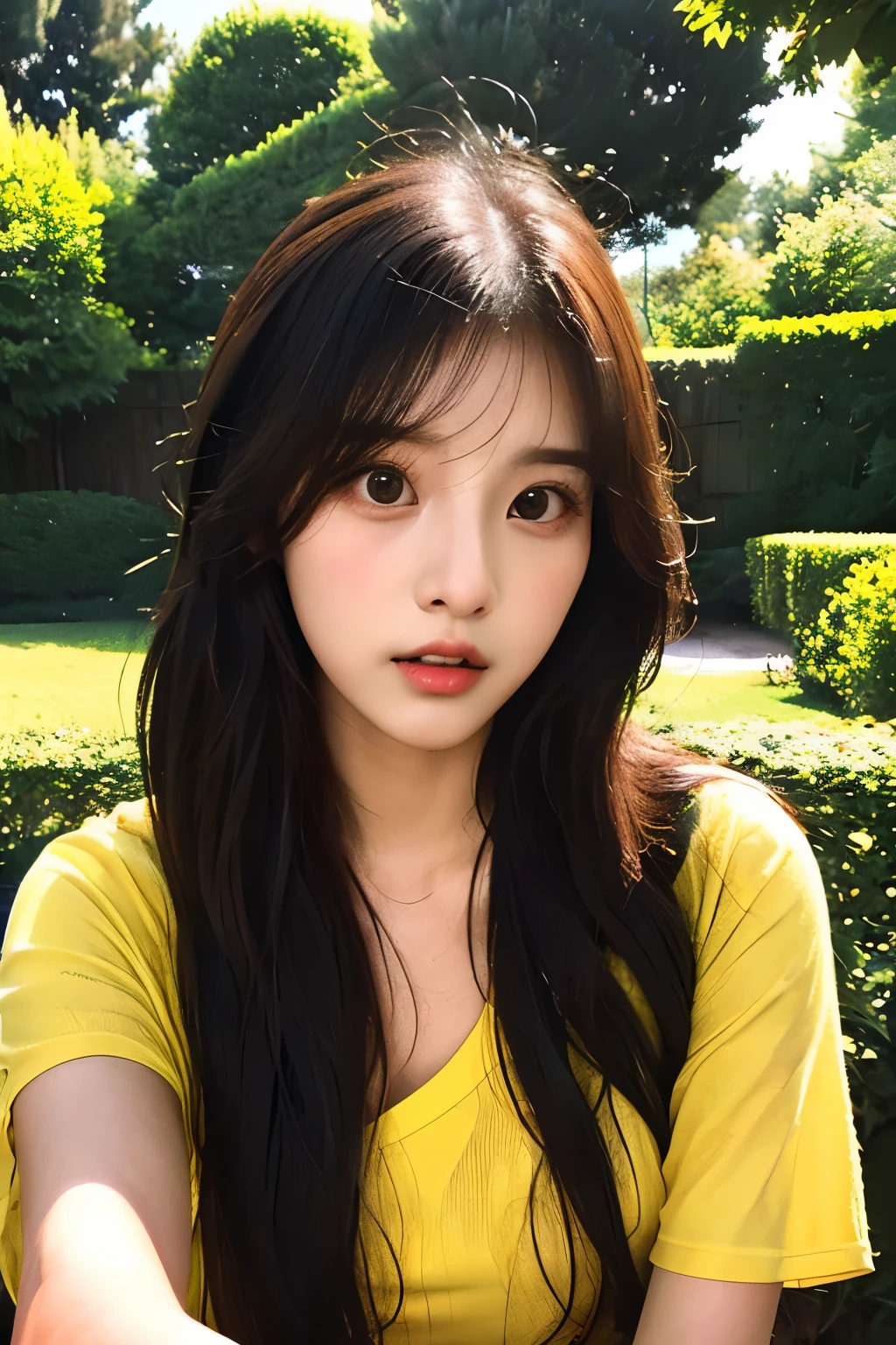 there is a woman with long hair wearing a Yellow shirt, ulzzang, korean girl, heonhwa choe, sakimichan, xintong chen, sun yunjoo, lee ji - eun, lee ji-eun, wenfei ye, jaeyeon nam, park ji-min, jinyoung shin, chiho, yun ling, gongbi