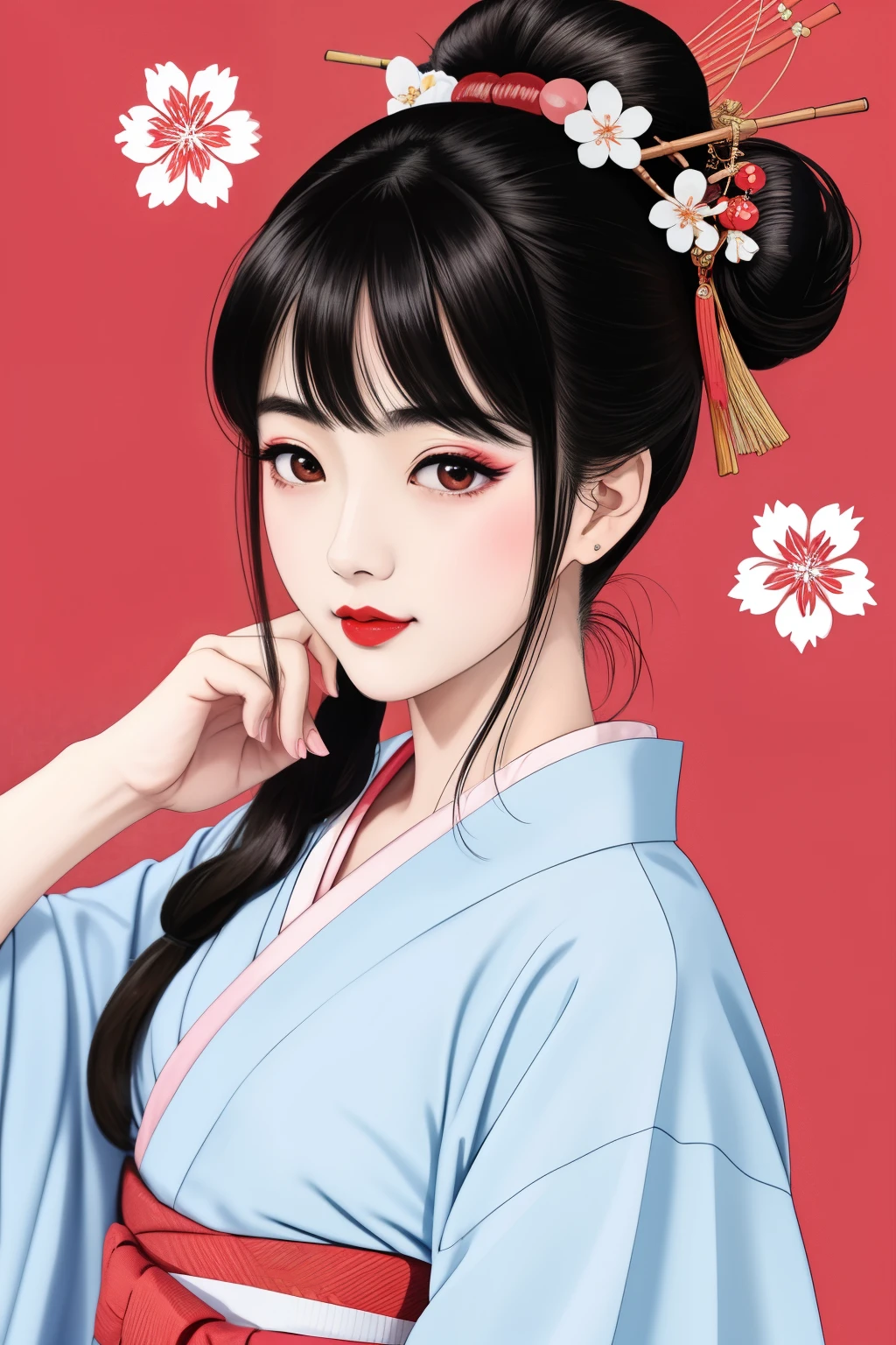 ((Big、a small face、No exposure))、top-quality、masterpiece、(Bun hair Black hair)、Brown eyes、⦅From the buttocks up is the whole body、Diagonally horizontal⦆、(4In K、masterpiece、hight resolution、Realistic and beautiful light and shadow、One girl、Solo Focus、(top-quality)、(Hi-Res)、(extremely delicate and beautiful)、(Beautiful 8k face)、(I close my eyes while smiling.)、(solo)、(Clear skin)、(Soft hair)、(7headed body)、(Yukata kimono with red and white floral pattern、Girl in Yukata)、((Hair in a bun))、((Tanabata decoration background))、((a small face))、(reality)、thin and small nose、(red lipsticks)、(Reddening cheeks)、(Lustrous skin)、((Ukiyo-e style))、Ultra-thin eyebrows、Ultra high image quality、(Wearing maiko-style makeup)、skin whitening、long and beautiful lashes、Lustrous skin that changes like a model in a Kyoto magazine、(Red-dyed cheeks),Nasal muscle