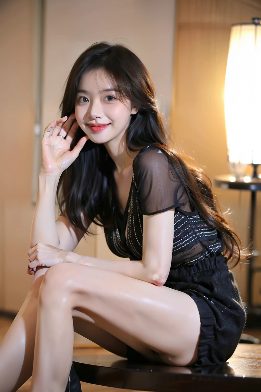 Clear jawline,Highlights the angular facial contours。,Textured dark brown,Appears mature and steady,Knee-length skirt with high heels,Reflecting elegance and nobility。