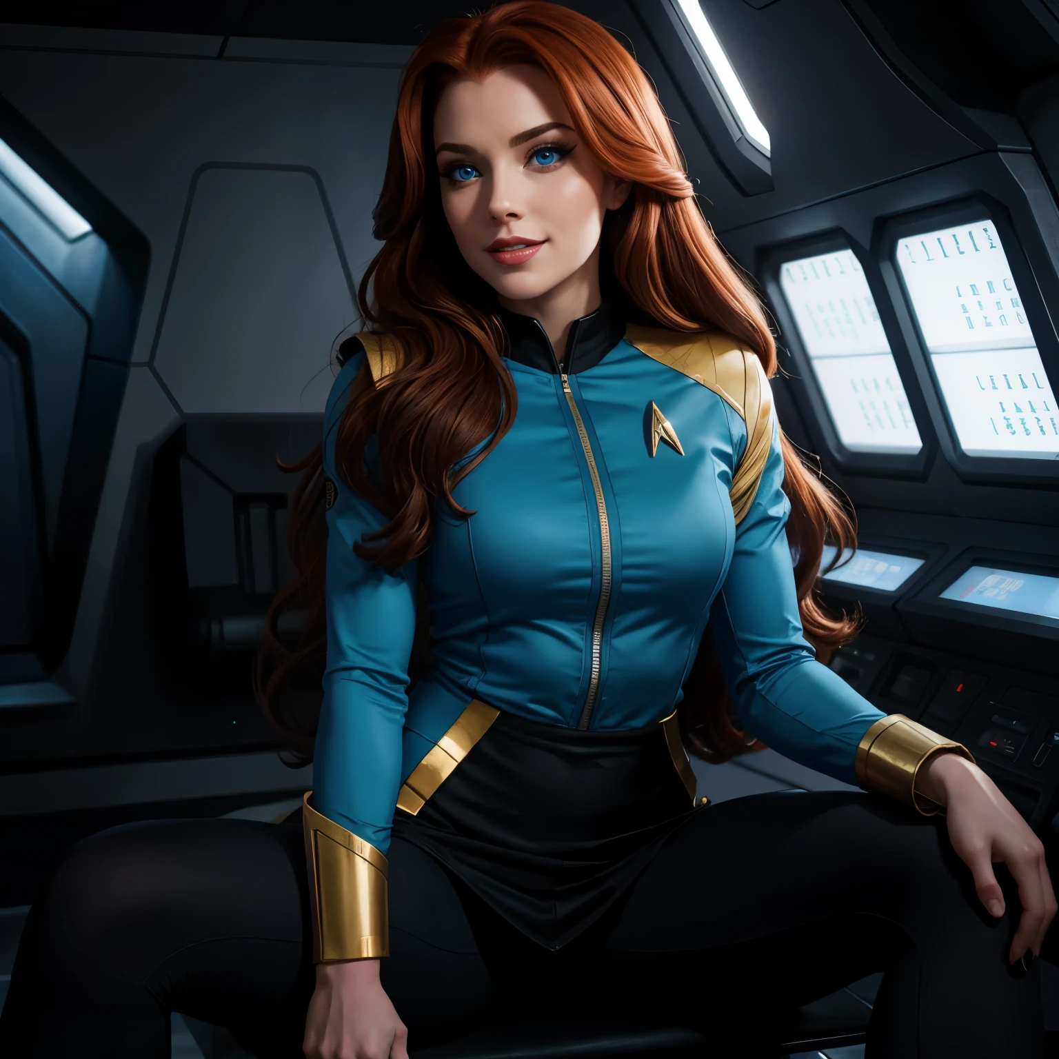 masterpiece, full body, a beautiful 25 year old woman, long red hair, sparkling blue eyes, kissable lips, sweet smile, heavy dark eye makeup, friendly, fit bombshell body, star trek uniform, skirt, leggings, enterprise, sitting in sick bay