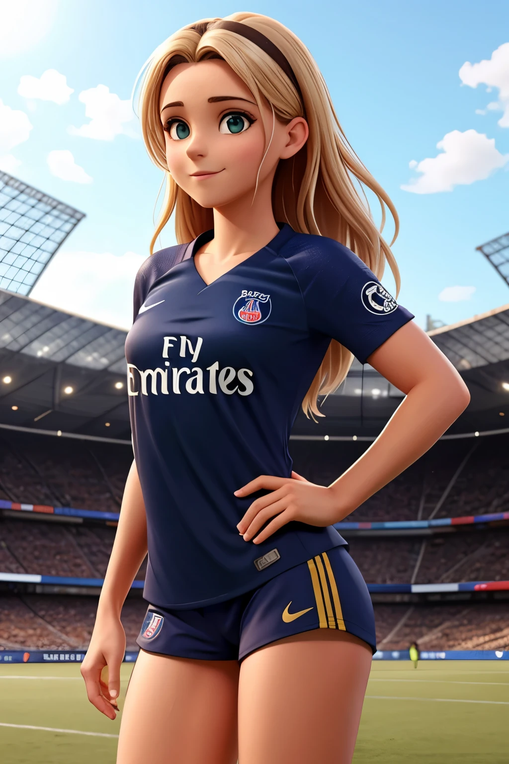 Uma garota sexy, she is playing football, usando a camisa do Paris Saint-Germain