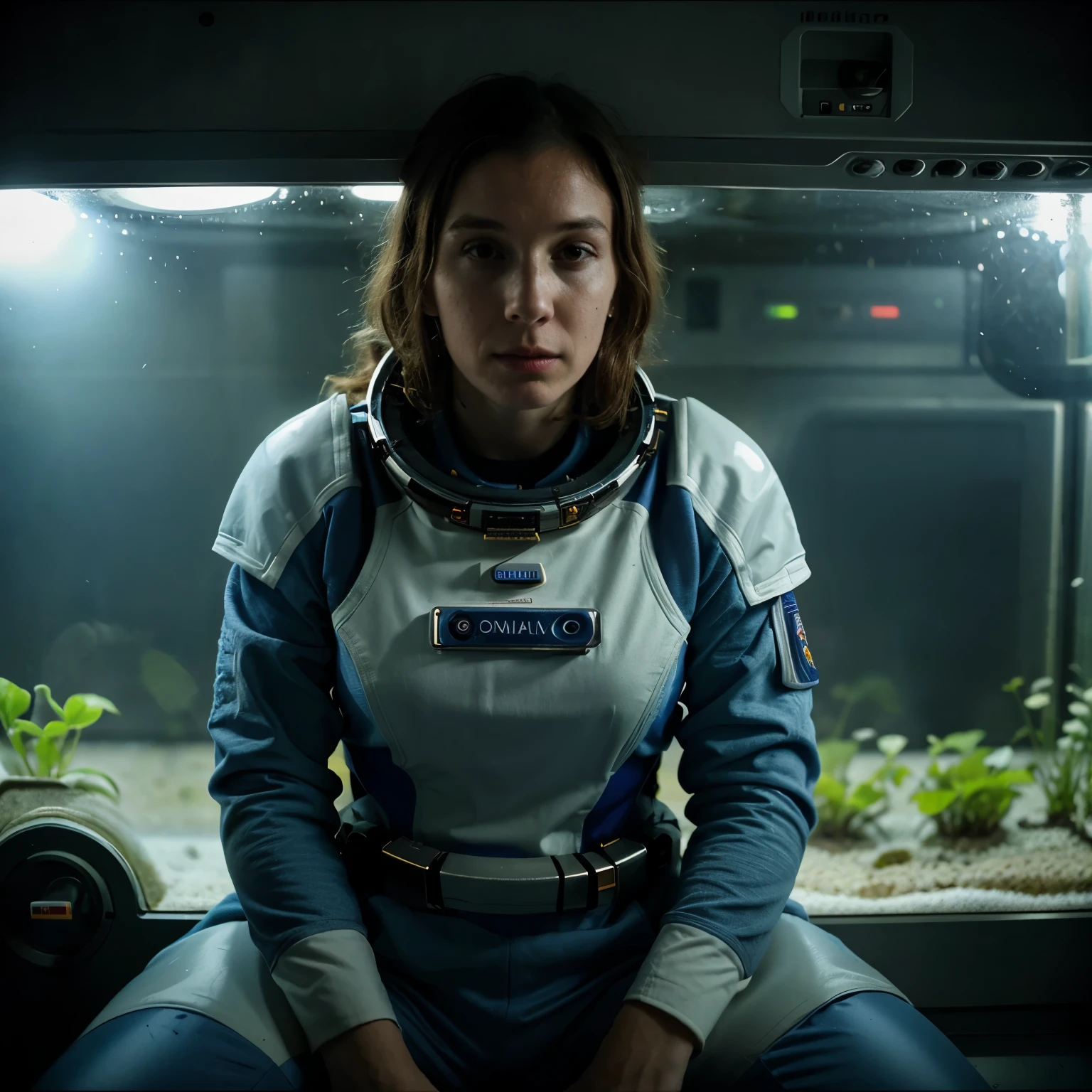 Photo of a woman wearing a high-tech spacesuit sitting in an airlock,  Sweaty , Wes Anderson stills, retro-futuristic, close up, dirty, high detail, exhausted, Rubbish, close, (8k, original photo, best quality, masterpiece:1.2), (actual, photo-actual:1.4), Super detailed,  (grainy:0.4) ，Breeding aquatic plants and fish tank