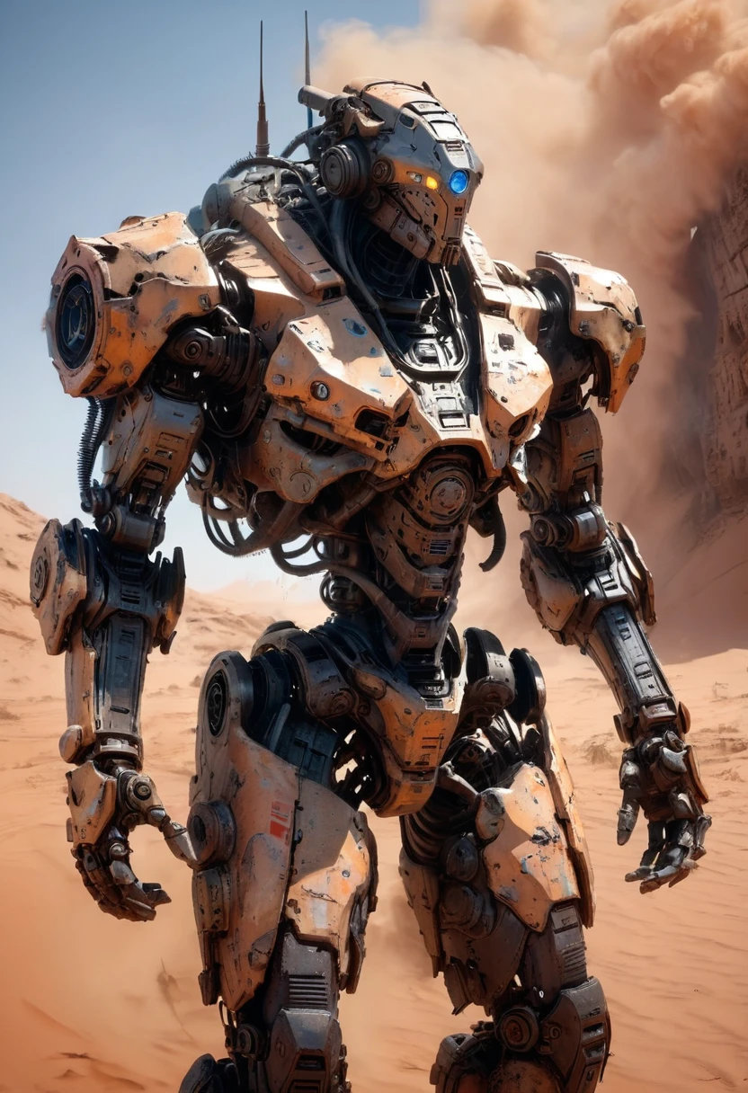 Abandoned Mech, half body Trapped in Desert, broken, sandstorms, dust, (best quality, masterpiece, Representative work, official art, Professional, Ultra intricate detailed, 8k:1.3)