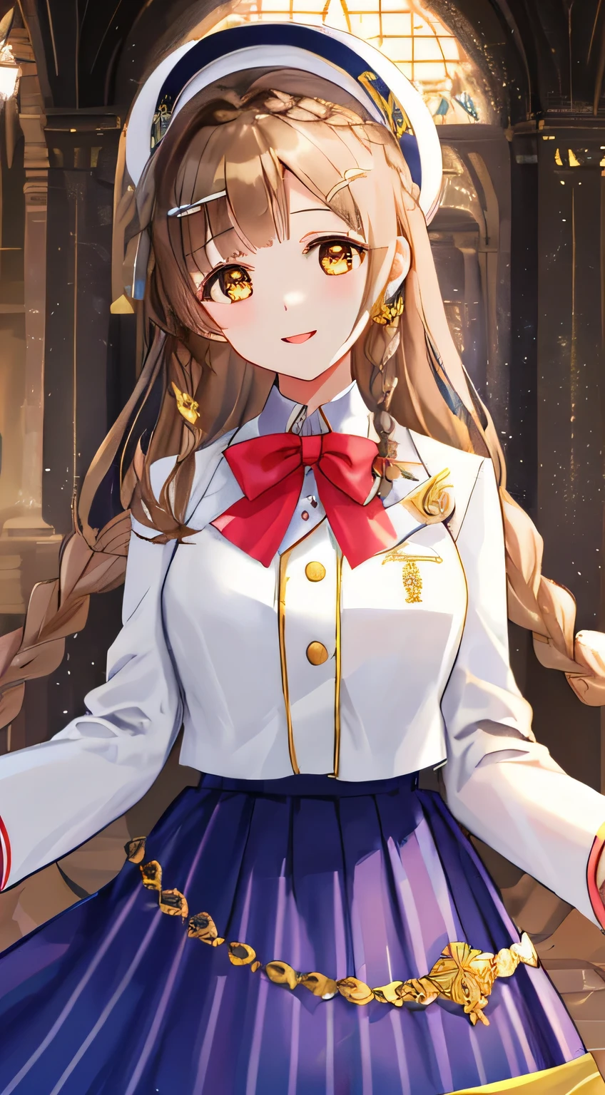 highest quality, (masterpiece:1.2), very detailed, A choir is singing a chant in the concert hall., 1 girl, Open your mouth with lipstick on it, nice smile, brown eyes, Long brown hair, 15 years old, long braids, big shiny hair clip, school uniform, Dark blue and navy plaid skirt, middle long skirt, white shirt, A luxurious navy blazer with a golden emblem on the left chest, big red ribbon on the chest, lipstick、very shiny hair、laughter、bright look、The light makes my face and hair shine, The corners of the eyes are drooping, cute braids, I&#39;m so happy I can jump up, The expression of a maiden in love, (((twin braid hair))), The skirt fabric has a beautiful deep blue checkered pattern., A shy expression staring at the viewer, soprano voice, My eyes are narrowed with joy