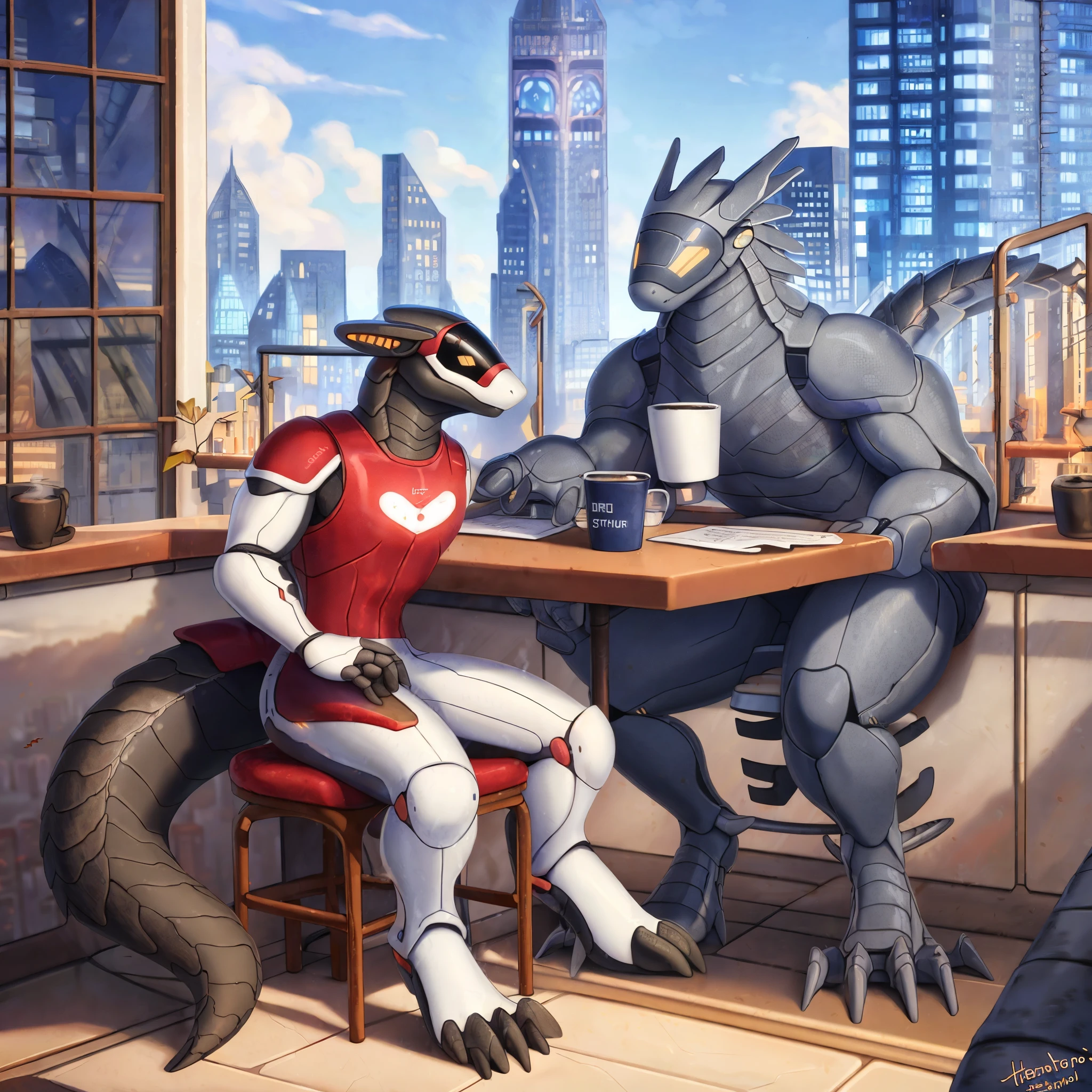 Hioshiru Personalami, synthesize, robot, Scale, man, Muscle building machine with a large frame, smile, coffee shop, city, cloud,tail,eyes,sit,Partner
 