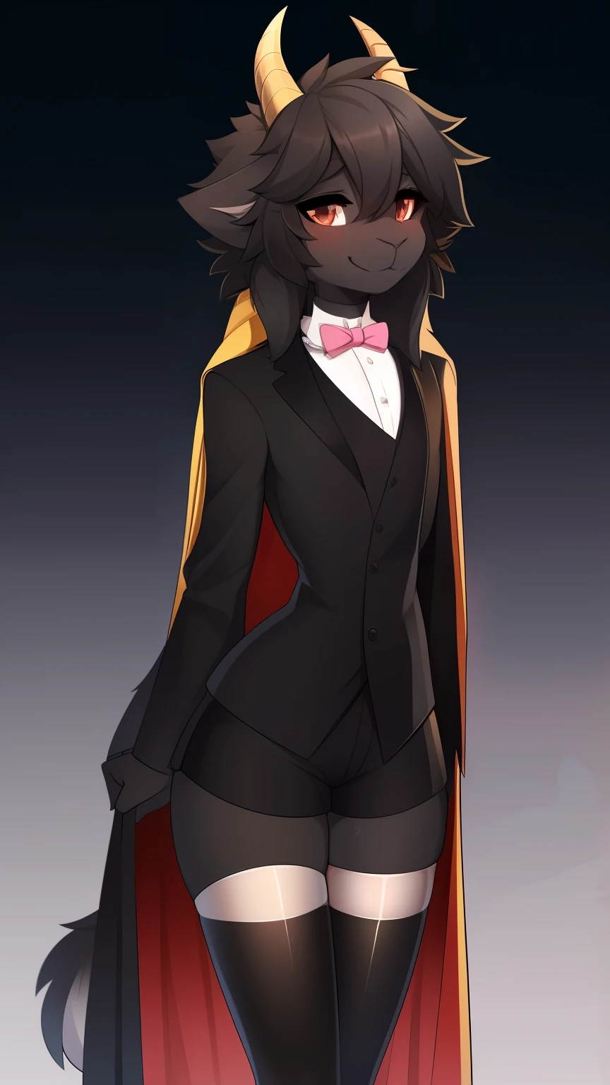 Best quality, Super detailed illustration, (fluffy goat boy:1.4), (matte black fur color:1.4), feminine face and body, disheveled thick hair, elegant outfit with bow tie, tailcoat, short shorts, Tight stockings, shy smile, Femboy, small waist, wide hips, Slim, Perfect body, long demon tail