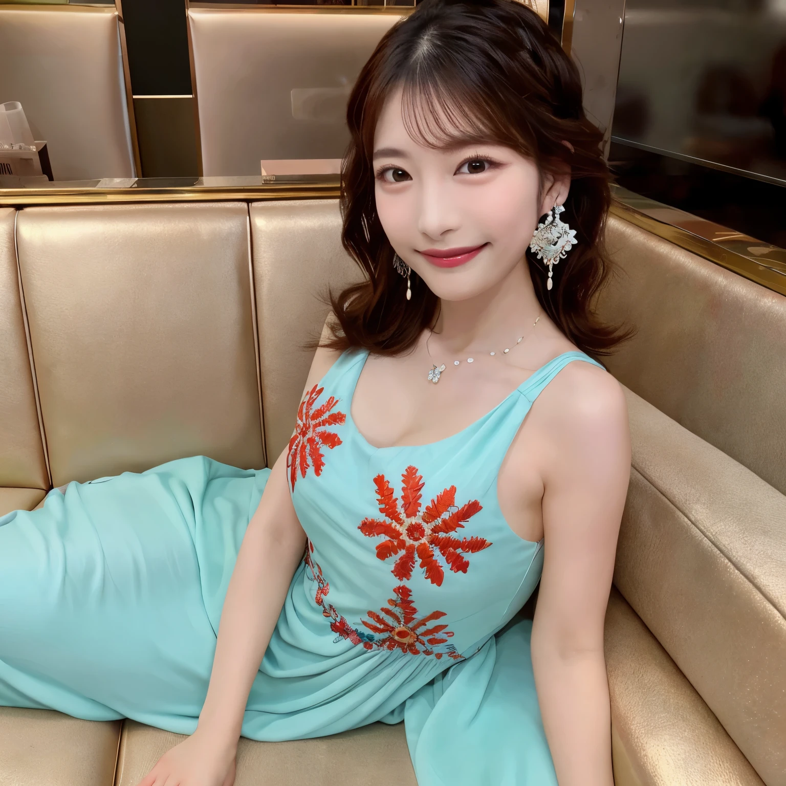 (highest quality, masterpiece, realistic, Super detailed, ultra high resolution, to be born:1.3), (1 female, beautiful japanese, 25 years old), beautiful earrings、double eyelid, bangs, (smile), detailed face, fine eyes, in night club,(( full body)),(midium breasts),blushed cheek,open lips, (1 female, beautiful japanese, 22 years old), beautiful earrings、double eyelid, bangs, (smile), detailed face, fine eyes、(satin maxi dress with random color embroidery:1.2), looking at viewer,platform high heels, sitting on velvet sofa ,crossed legs,
