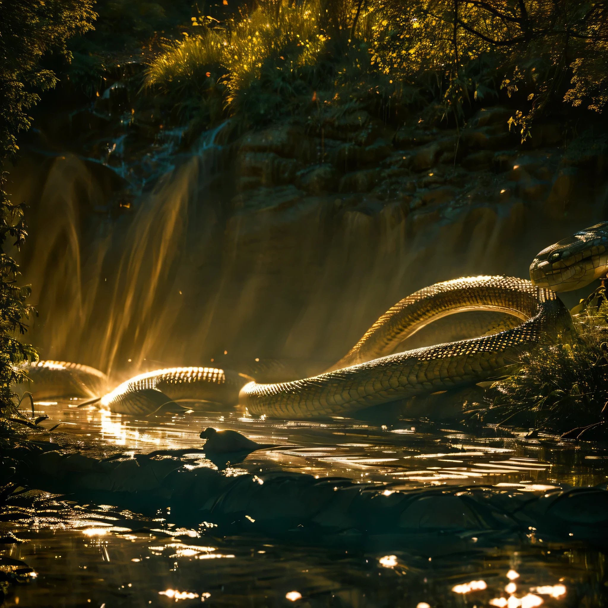 Big wild snake hunting the crocodile in the water while the small snake group at the river side