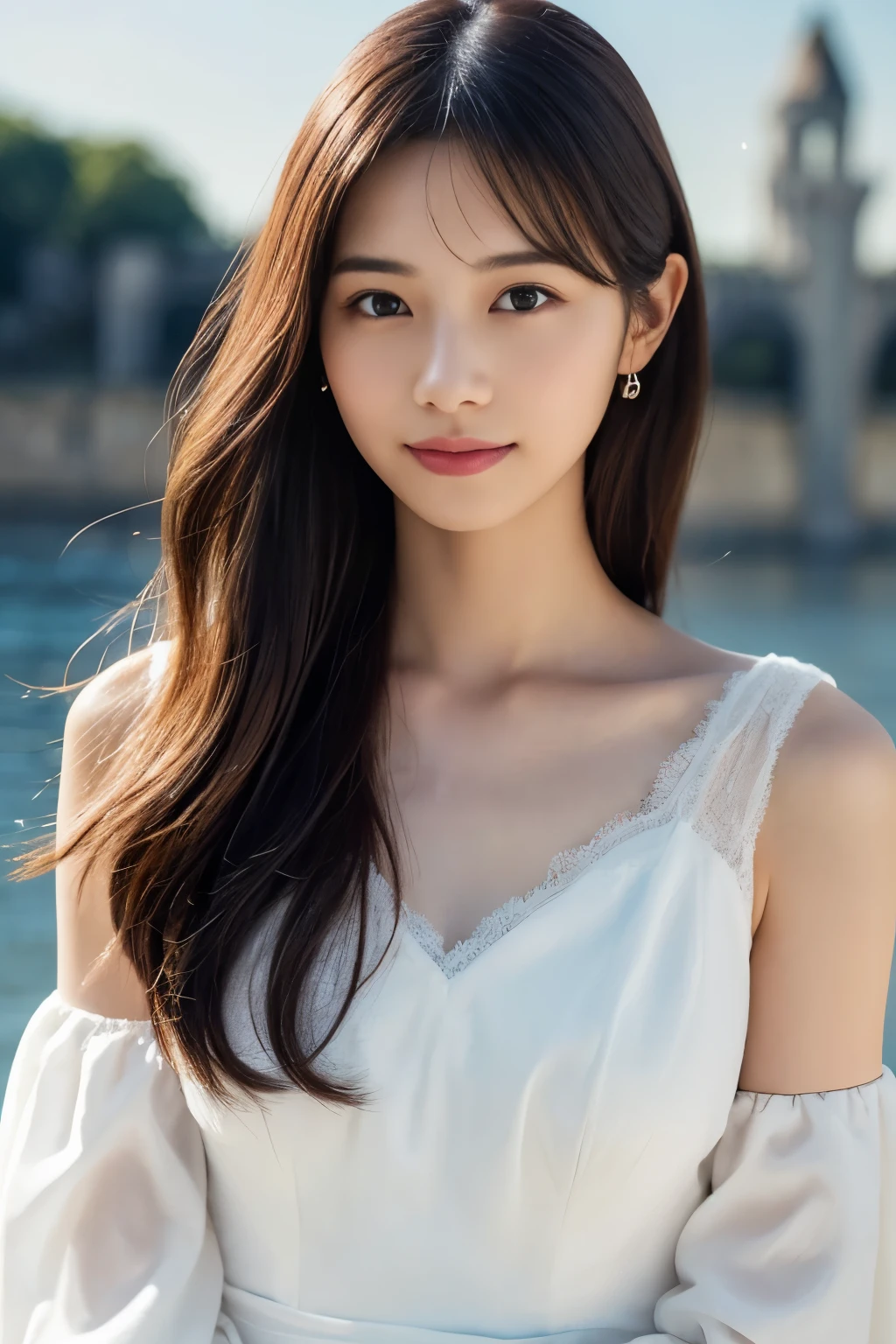 1 girl, (wearing a white dress:1.2), (RAW photo, highest quality), (realistic, Photoreal:1.4), very delicate and beautiful, very detailed, 2k wallpaper, wonderful, finely, very detailed CG Unity 8K 壁紙, Super detailed, High resolution, soft light, beautiful detailed girl, very detailed目と顔, beautifully detailed nose, finelyて美しい目, cinematic lighting, (castles of the loire:1.3), , perfect anatomy, slender body,
straight semi-long hair, looking at the viewer, slight smile