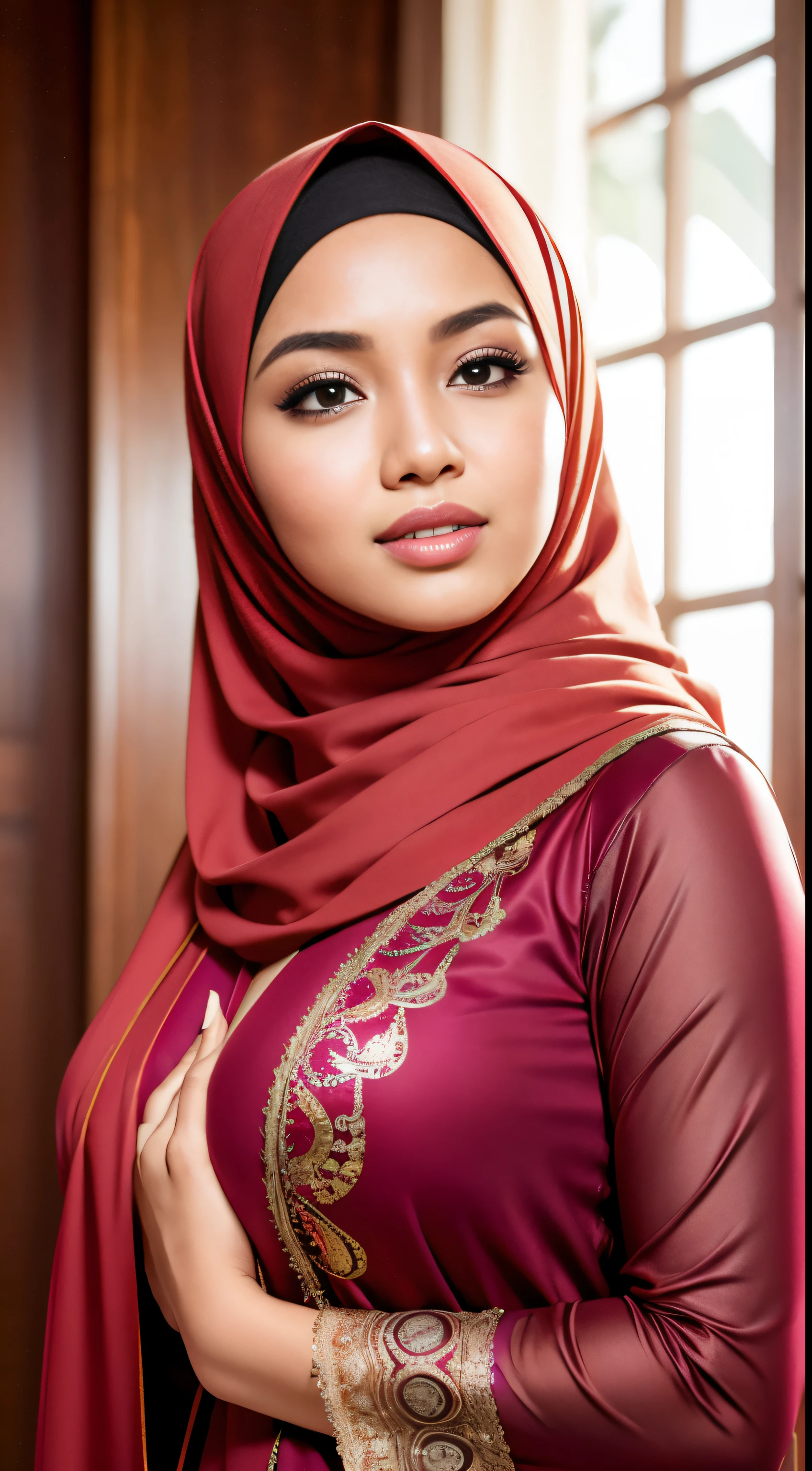 RAW, Best quality, high resolution, masterpiece: 1.3), beautiful Malay woman in hijab (iu:0.8)1beautiful Malay woman in hijab wearing modern Muslim clothing,big breast, modern muslim fashion, flowing shawl, portrait photography, mid shot photo, ultra detail, professional photo with professional lighting, smile, random background, s