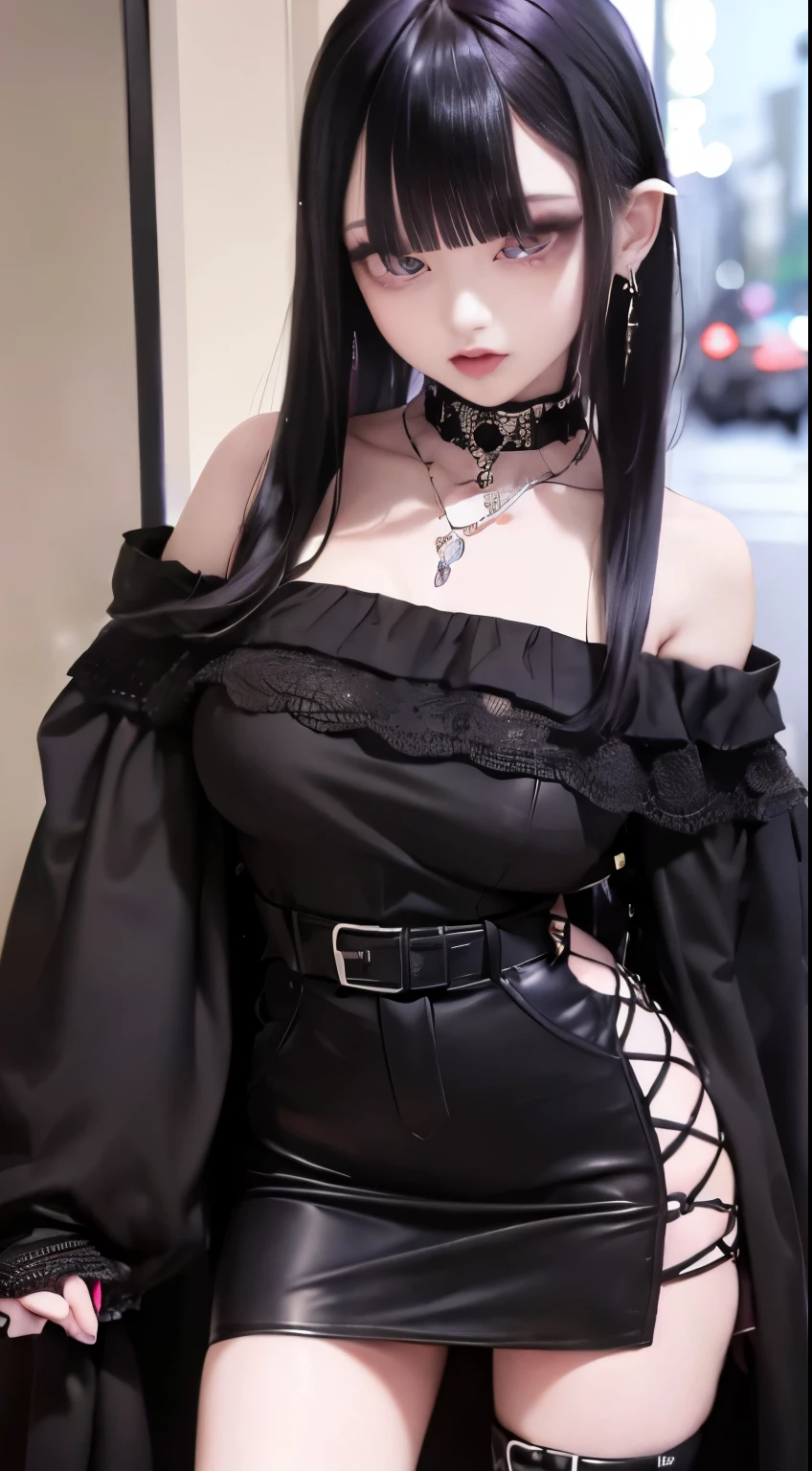 4k-ultra sharp、highest quality, masterpiece, ultra high resolution, (reality: 1.4),  16 year old girl, purple eyes, Off-the-shoulder sweater dresses, cinematic lighting、purple and black hair、(mine girl、goth makeup、mine makeup)、(Pierced ears、big breasts、Oversized black T-shirt with open shoulders、dark mini skirt)、((dark makeup、oil skin,sparkling skin、realistic skin texture、detailed beautiful skin、shiny skin)), dark downtown area at night、kabukicho、Dark Cyberpunk、(full shot:1.8)、thin legs、thin arms、thin shoulders、thin waist、slender body、big breasts、whole body