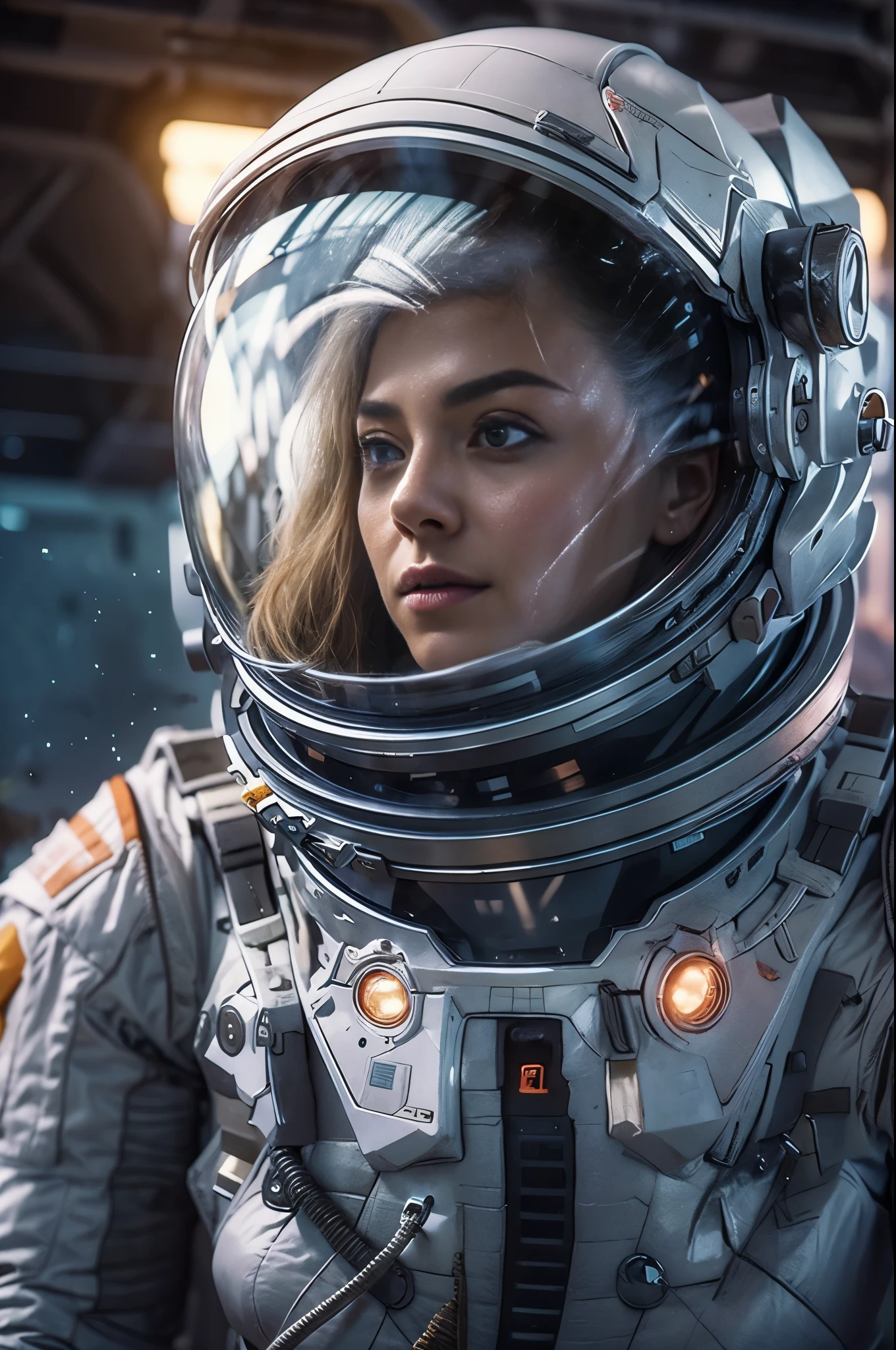 Masterpiece, a beautiful 25 years old German blonde girl, solitary female astronaut, desolated planet landscape, space and stars, electric atmosphere, utility belt, Metallic Gray Zinc, sci-fi, ultra high res.photorealistic, 16k, UHD, HDR, the best quality, body-tight astronaut suit, intricate, the most fantastic details, RAW, dramatic lighting, full body, space ships in the sky, realistic reflections, sunrise, to scale, lonely, determined, dynamic posture, a space military compound in the background