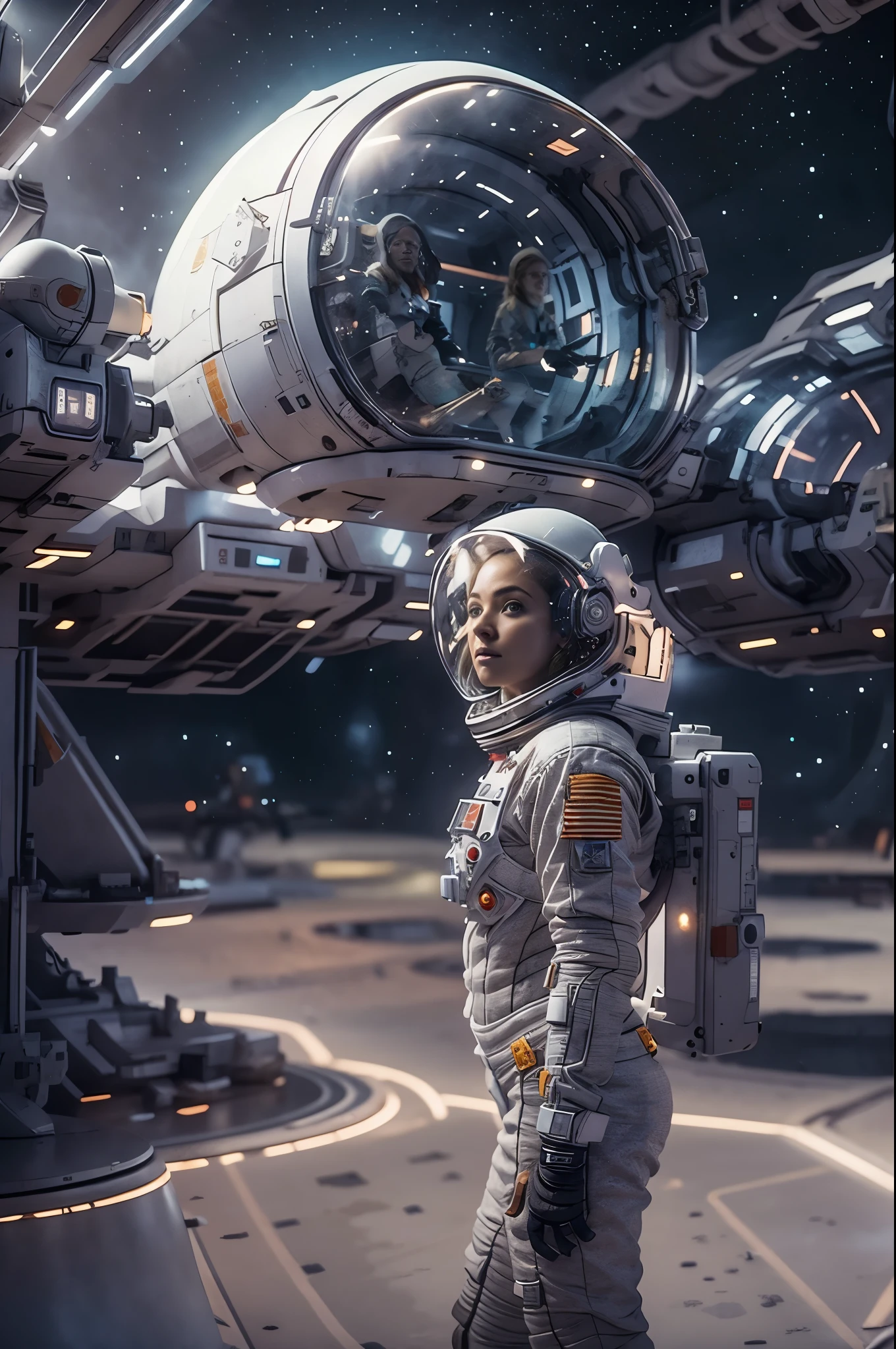 Masterpiece, a beautiful 25 years old German blonde girl, solitary female astronaut, desolated planet landscape, space and stars, electric atmosphere, utility belt, Metallic Gray Zinc, sci-fi, ultra high res.photorealistic, 16k, UHD, HDR, the best quality, body-tight astronaut suit, intricate, the most fantastic details, RAW, dramatic lighting, full body, space ships in the sky, realistic reflections, sunrise, to scale, lonely, determined, dynamic posture, a space military compound in the background