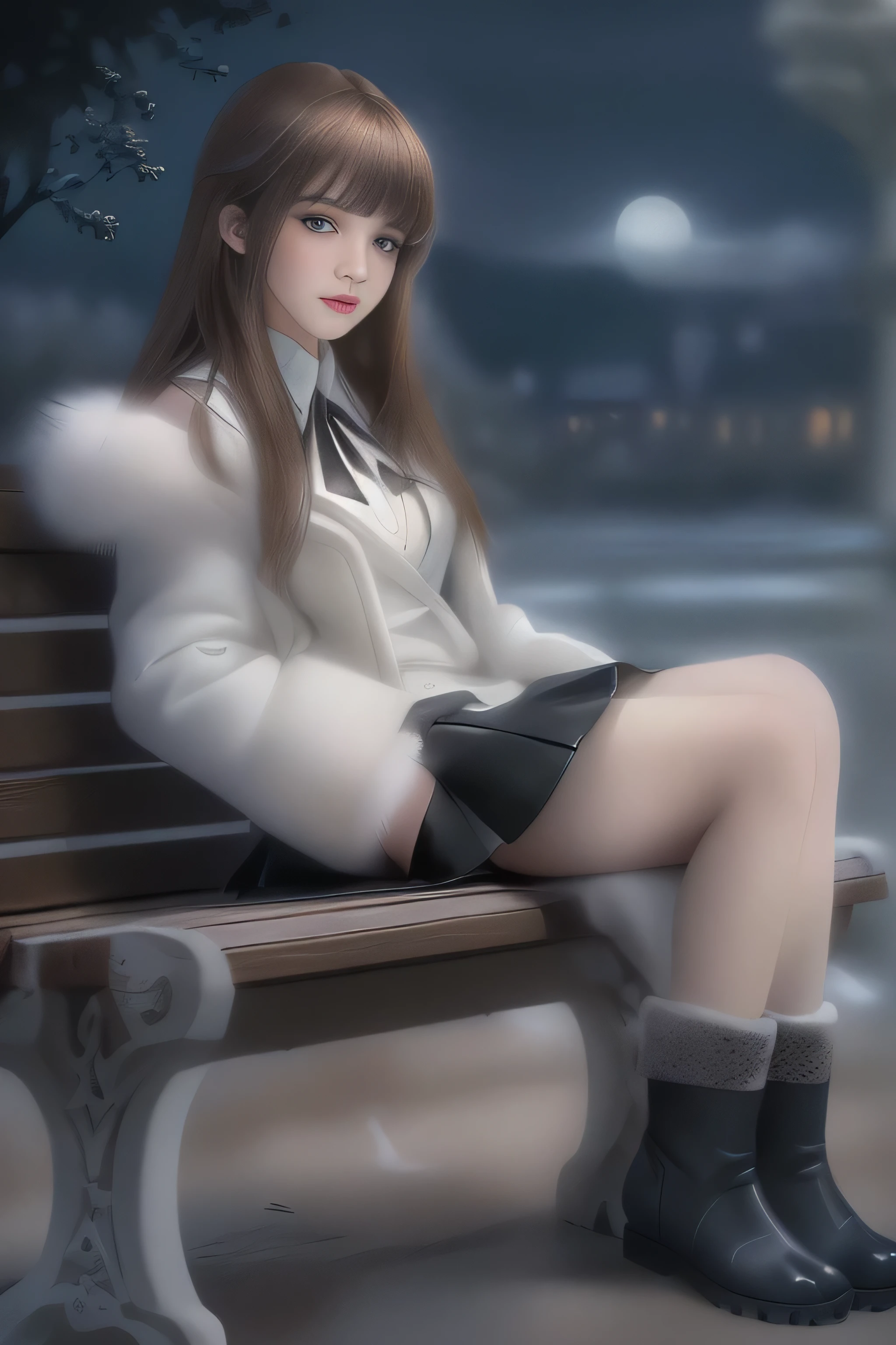 (Girl sitting on a bench in a lakeside park）(surreal)、(enlightenment)、(High resolution)、(8k)、(very detailed)、(Best Illustration)、(beautiful detailed eyes)、(highest quality)、(super detailed)、(masterpiece)、(wallpaper）、（detailed face）、solo、1 girl、slim、looking at the viewer、Detailed、detailed face、in the dark night、deep shadow、low key、Pure erotic face ace_v1、laughter、(long chestnut straight hair)、46 point diagonal bangs、(white fur half coat)、(black leather miniskirt)、(barefoot)、(White Half Boots)、(Old European castles are hazy in the background),(white panties are visible)