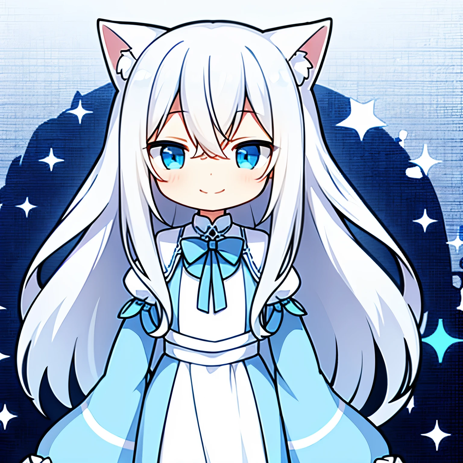 blue and white hair，blue white clothes，smile blue eyes，Cat ears with long straight hair，Rich details 、Half-length photo