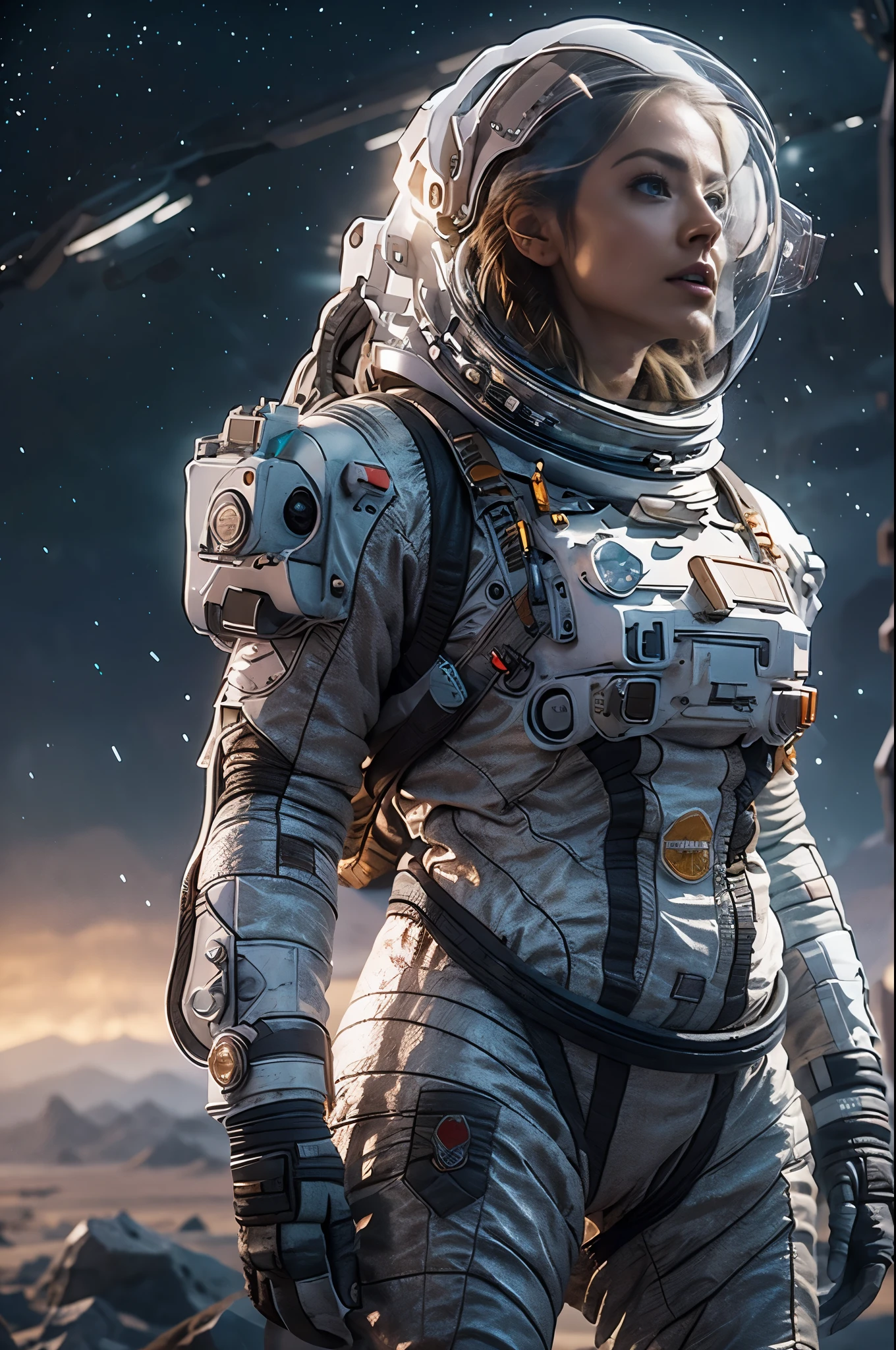 Masterpiece, a beautiful 25 years old German blonde girl, solitary female astronaut, desolated planet landscape, space and stars, electric atmosphere, utility belt, Metallic Gray Zinc, sci-fi, ultra high res.photorealistic, 16k, UHD, HDR, the best quality, body-tight astronaut suit, intricate, the most fantastic details, RAW, dramatic lighting, full body, space ships in the sky, realistic reflections, sunrise, to scale, lonely, determined, dynamic posture, a space military compound in the background