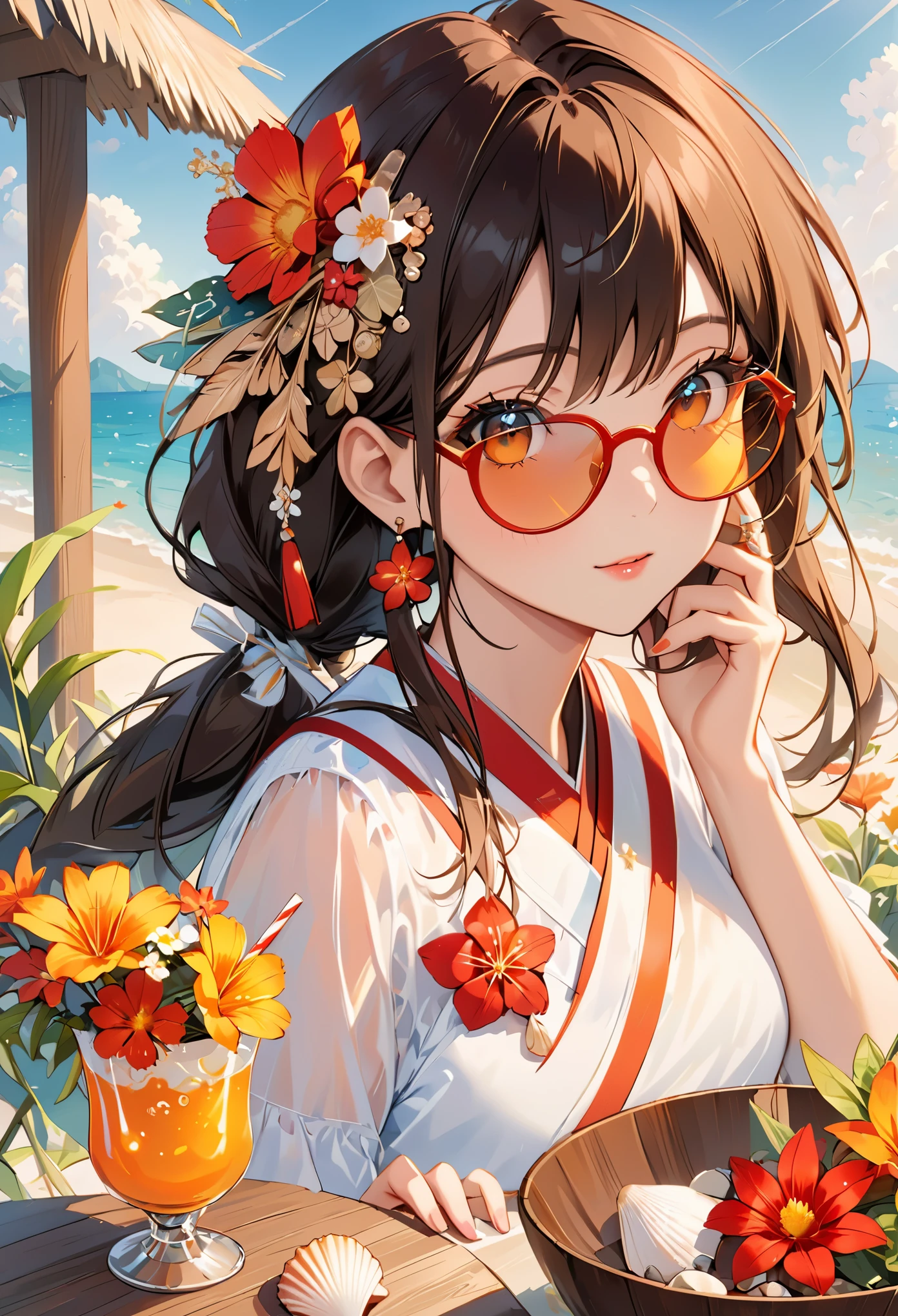 nonsense, height, have a lot of details, 1 girl, alone, ดวงตาที่have a lot of details, starfish, seashell, shell, flower, have, hair decorations, decorations, straw have, look at viewer, sunglasses, have flower, drinking straw, Hair clips, earrings, red flower, Tinted glasses, yellow flower, smooth, English Text, colorful hair, orange flower, black hair, ring, bowl, long hair, orange-Tinted glasses, food, brown hair, Portrait, shell hair decorations