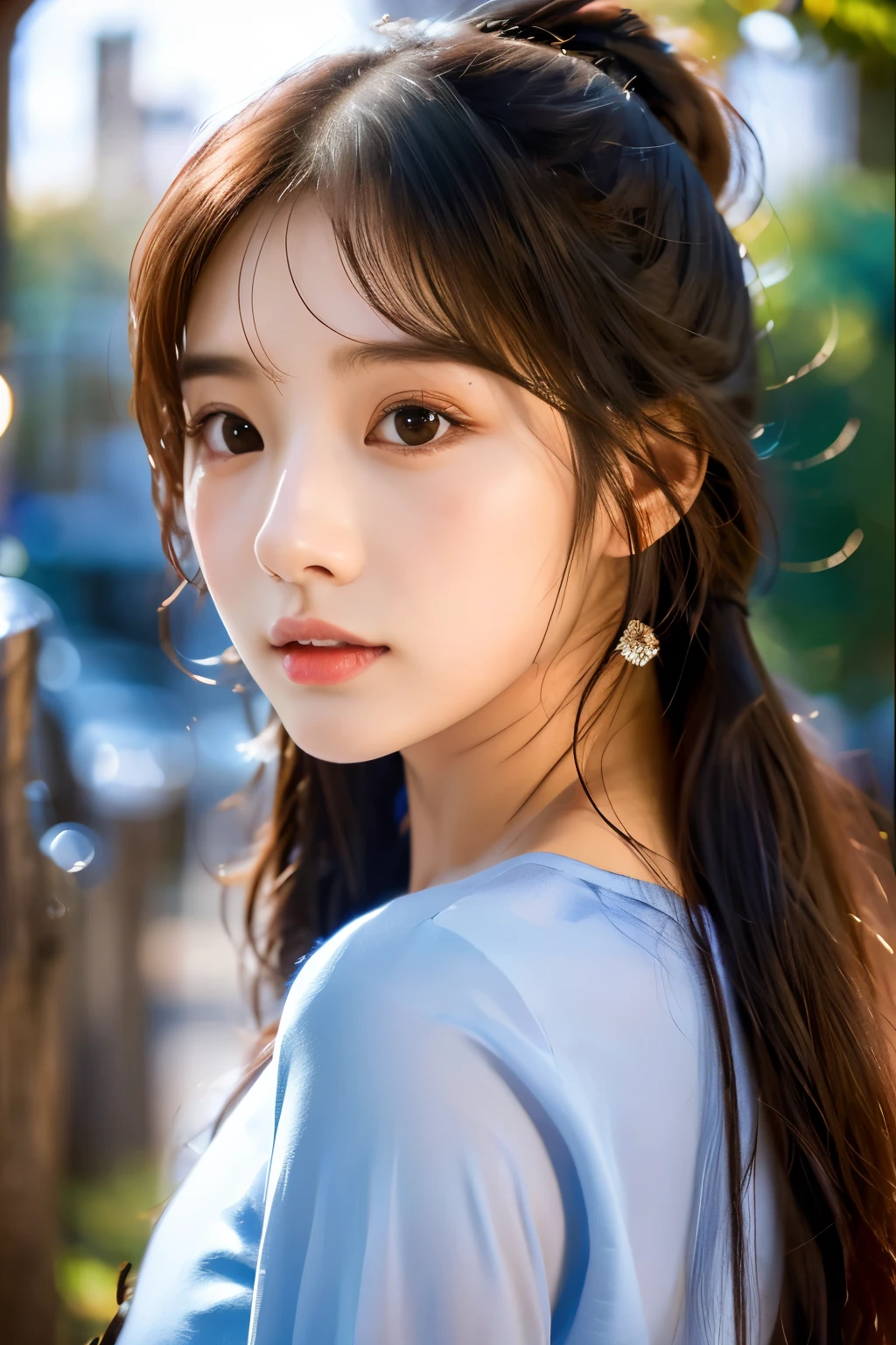 there is a woman with long hair wearing a white and blue shirt, ulzzang, korean girl, heonhwa choe, sakimichan, xintong chen, sun yunjoo, lee ji - eun, lee ji-eun, wenfei ye, jaeyeon nam, park ji-min, jinyoung shin, chiho, yun ling, gongbi, idol