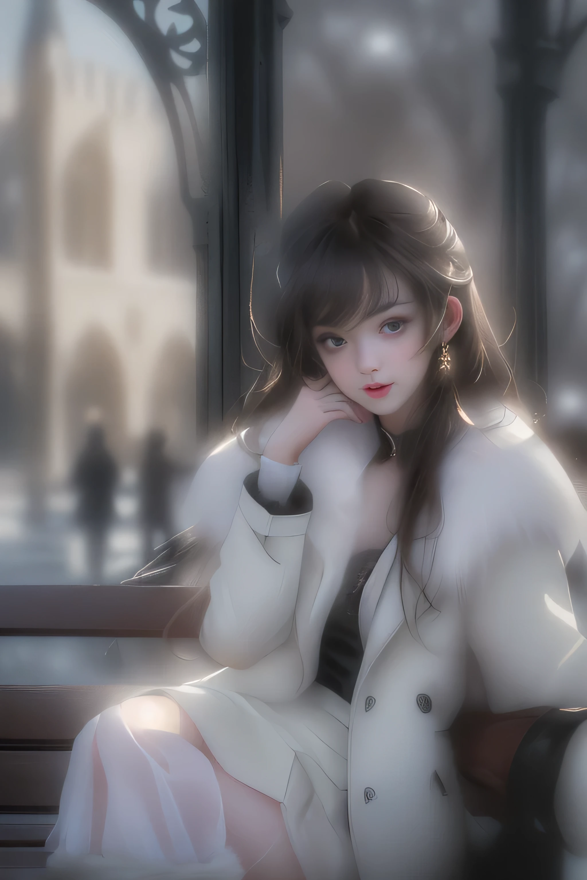 (Girl sitting on a bench in a lakeside park)(surreal)、(enlightenment)、(High resolution)、(8k)、(very detailed)、(Best Illustration)、(beautiful detailed eyes)、(highest quality)、(super detailed)、(masterpiece)、(wallpaper)、(detailed face)、solo、1 girl、slim、looking at the viewer、Detailed、detailed face、in the dark night、deep shadow、low key、Pure erotic face ace_v1、laughter、(long chestnut straight hair)、46 point diagonal bangs、(white fur half coat)、(black leather miniskirt)、(barefoot)、(White Half Boots)、(Old European castles are hazy in the background),(white panties are visible)