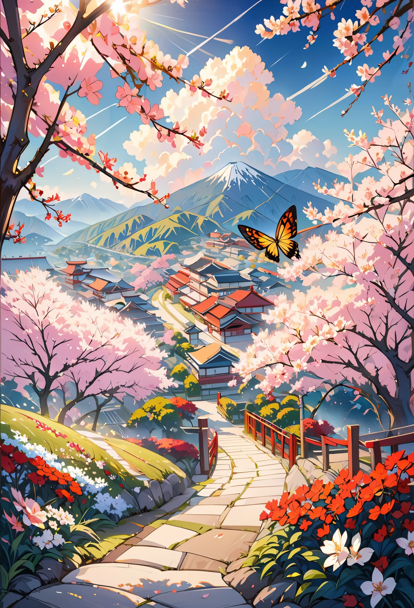 Detailed ukiyo-e of the Butterfly Garden, Cherry blossoms, epic light ,Ukiyo-e, rich and colorful